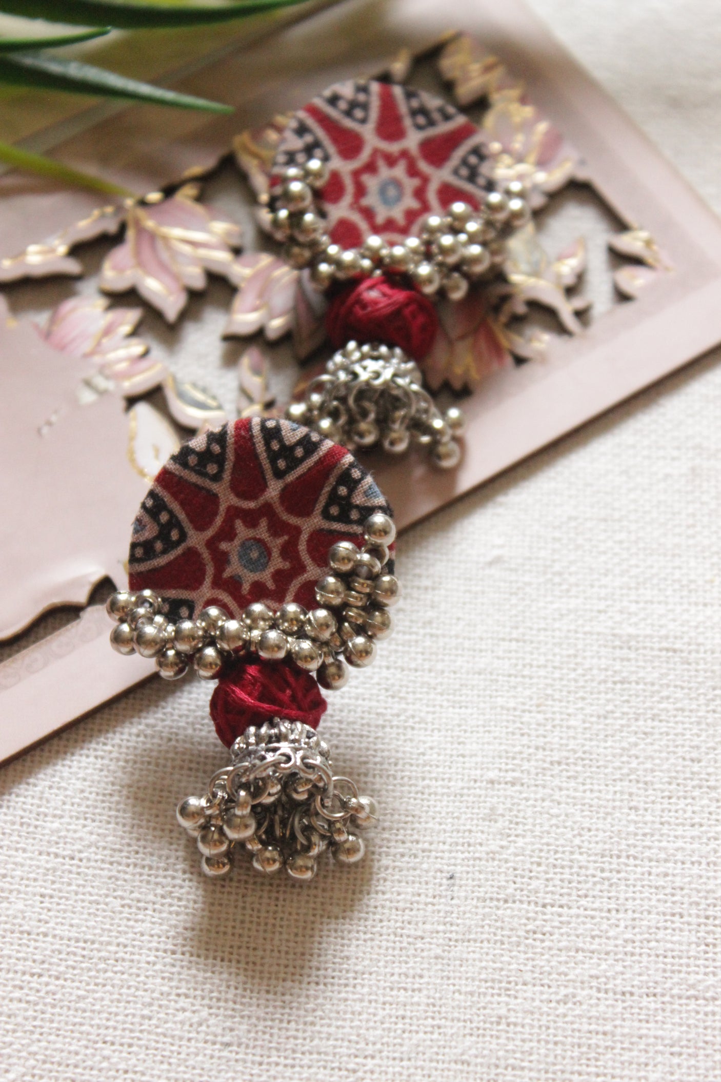 Block Printed Red Fabric Adjustable Thread Closure Necklace Set with Jhumka Earrings