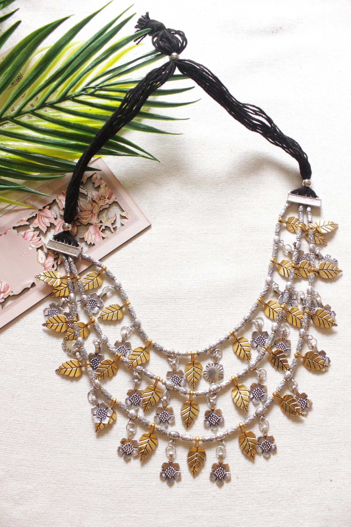 3 Layer Dual Tone Leaf and Flower Motifs Adjustable Closure Nekclace