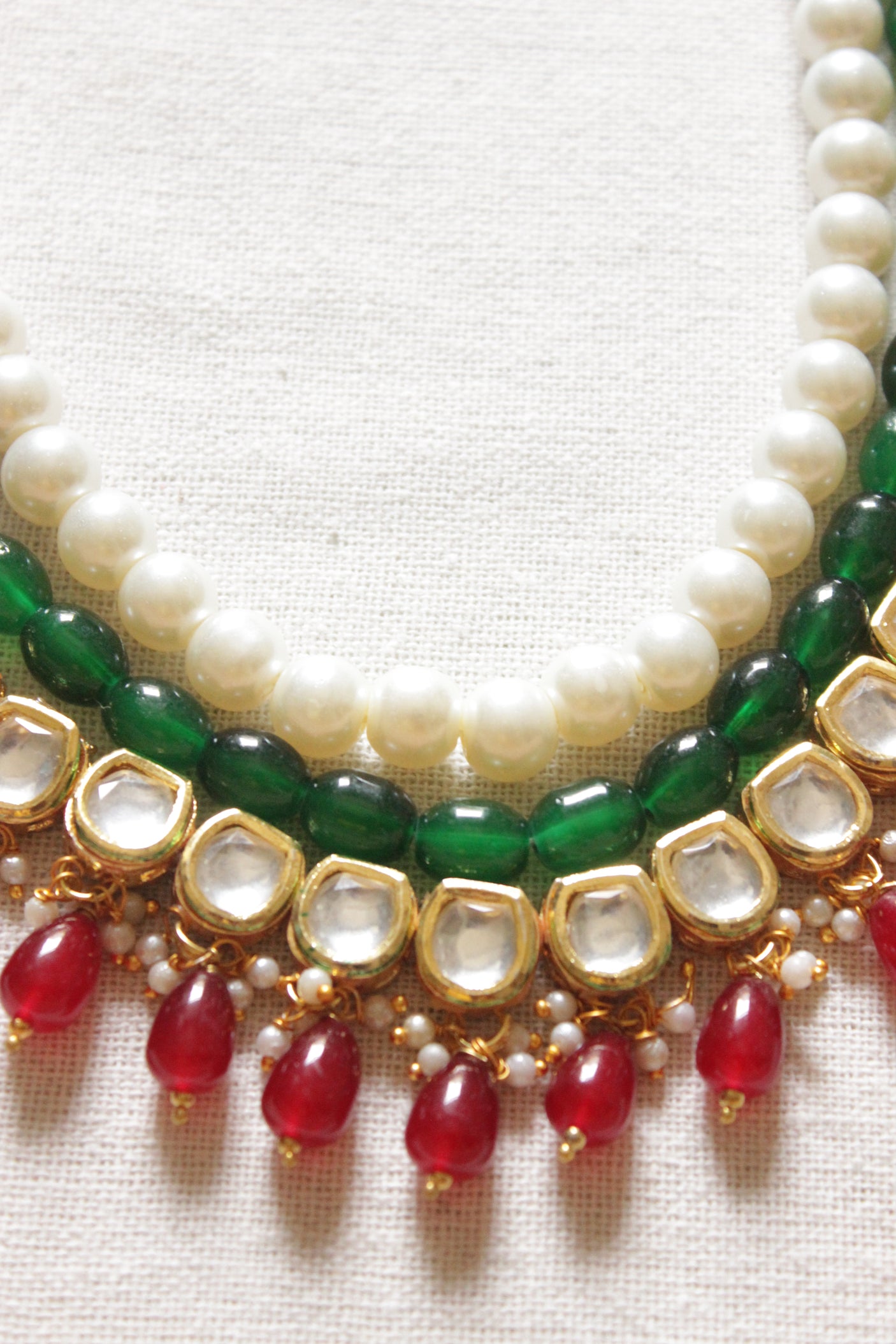 3 Layer Red Green & White Festive Adjustable Length Polki Necklace Set