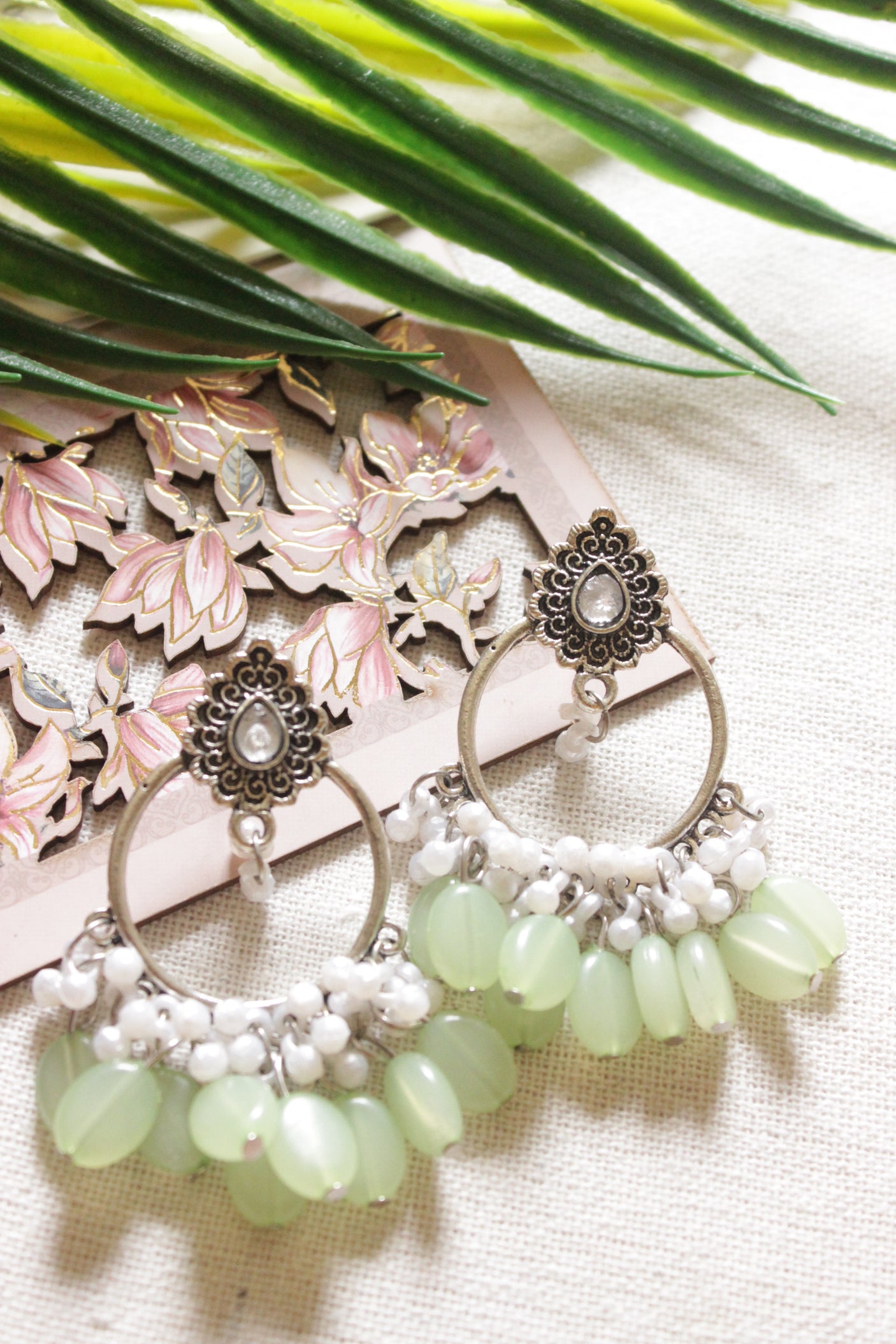 Silver Finish Hoop Earrings with Sea Green Beads