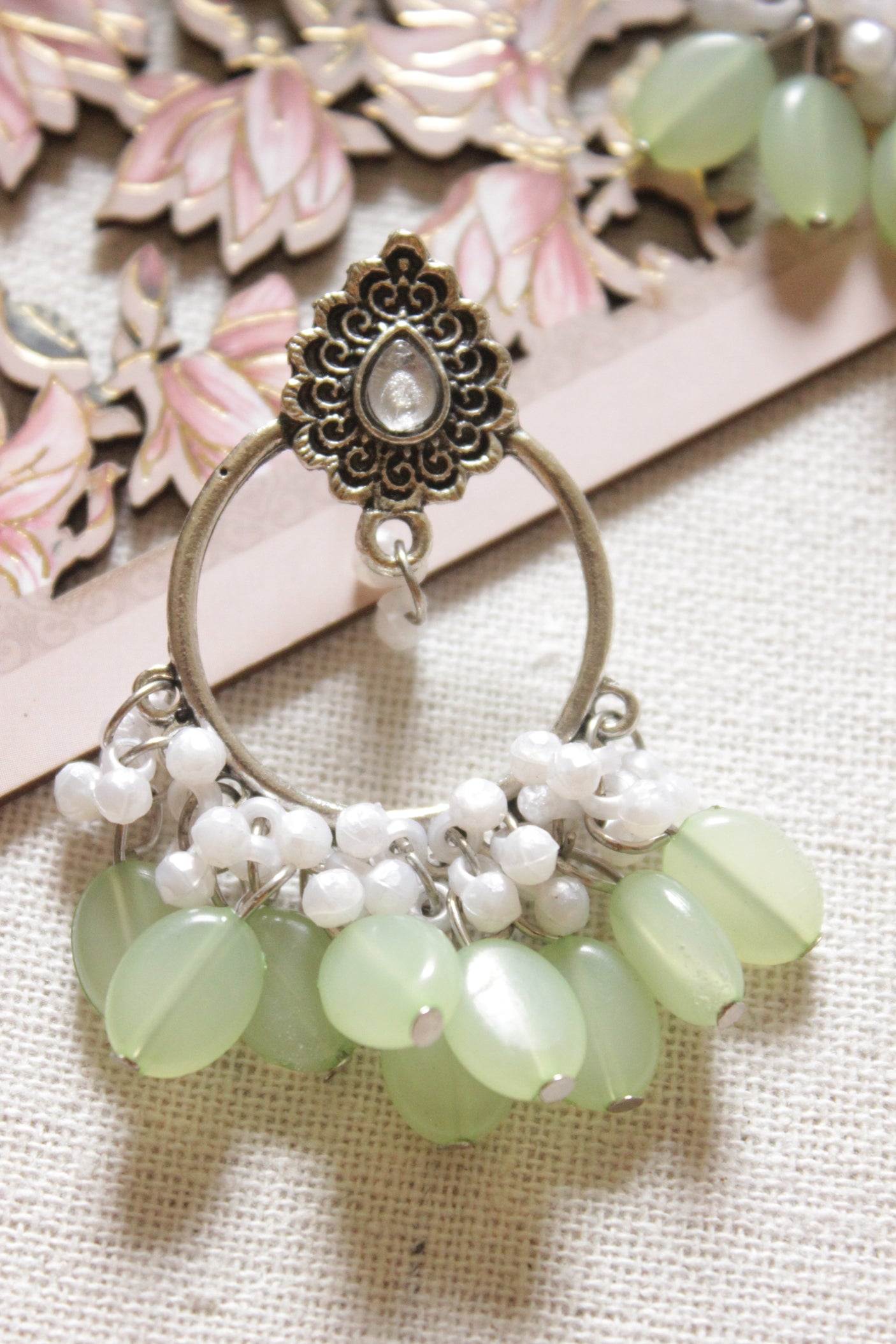 Silver Finish Hoop Earrings with Sea Green Beads