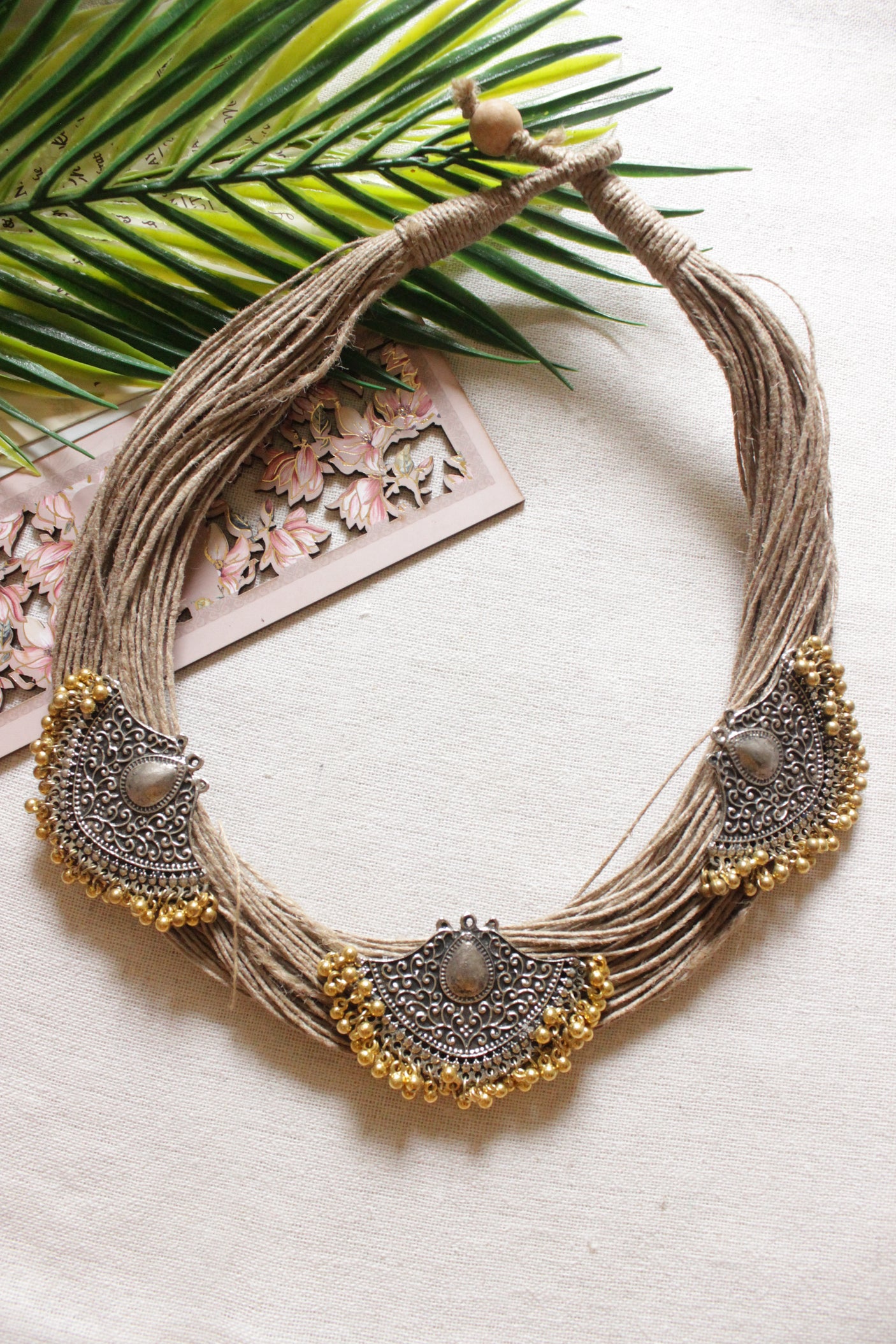 Multi Layer Handmade Jute Necklace with Dual Tone Metal Charms