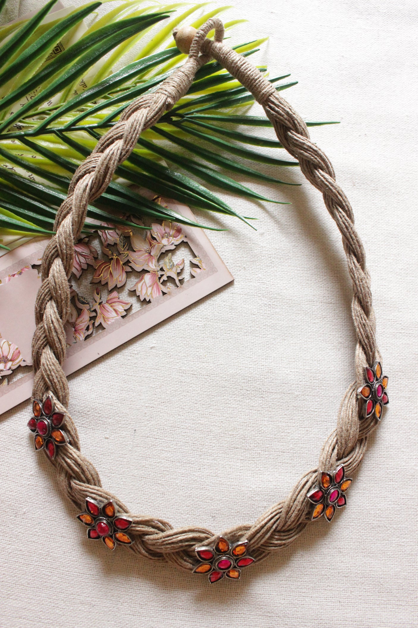 Braided Jute Strings Handmade Necklace with Flower Motif Multi-Color Afghani Charms