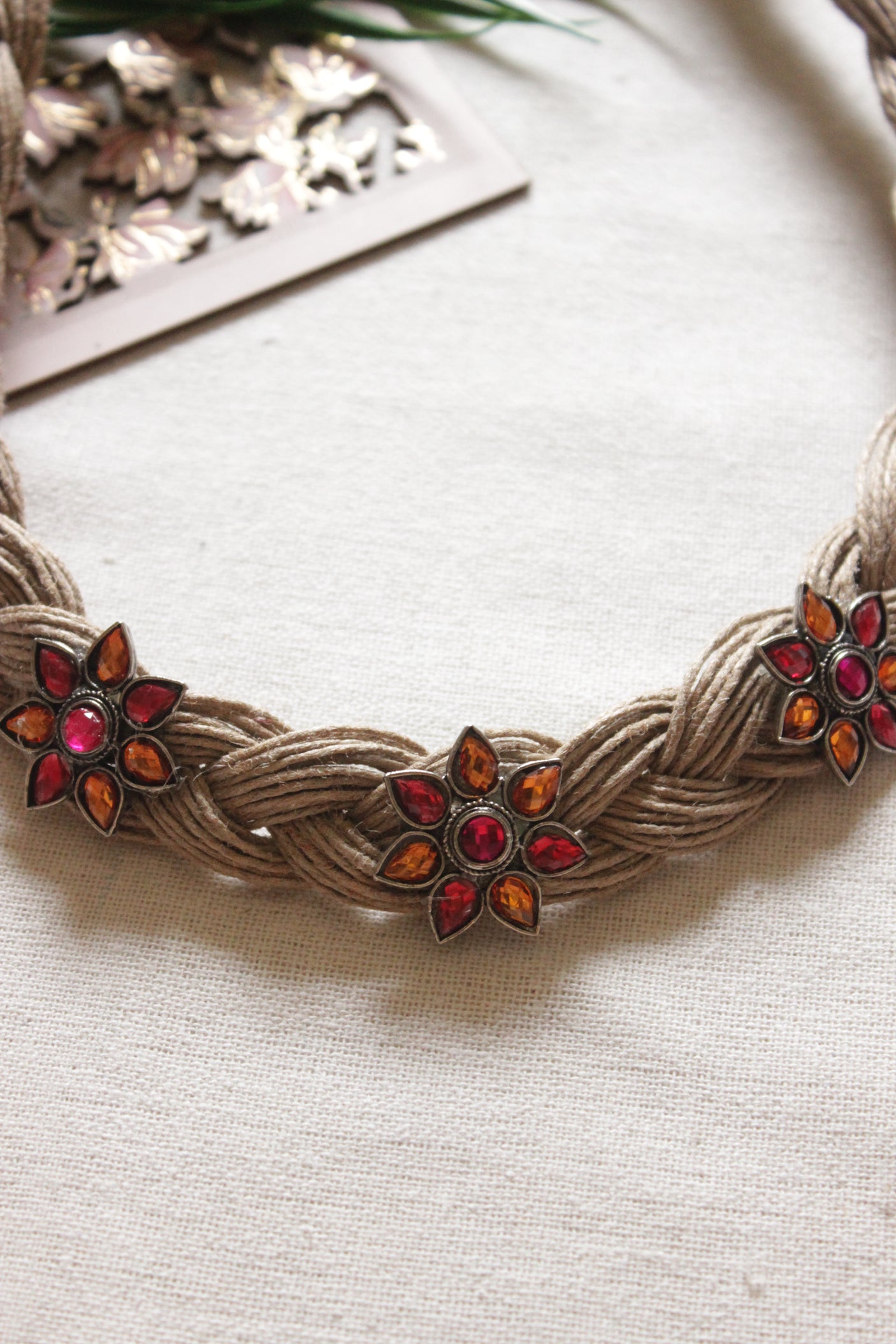 Braided Jute Strings Handmade Necklace with Flower Motif Multi-Color Afghani Charms