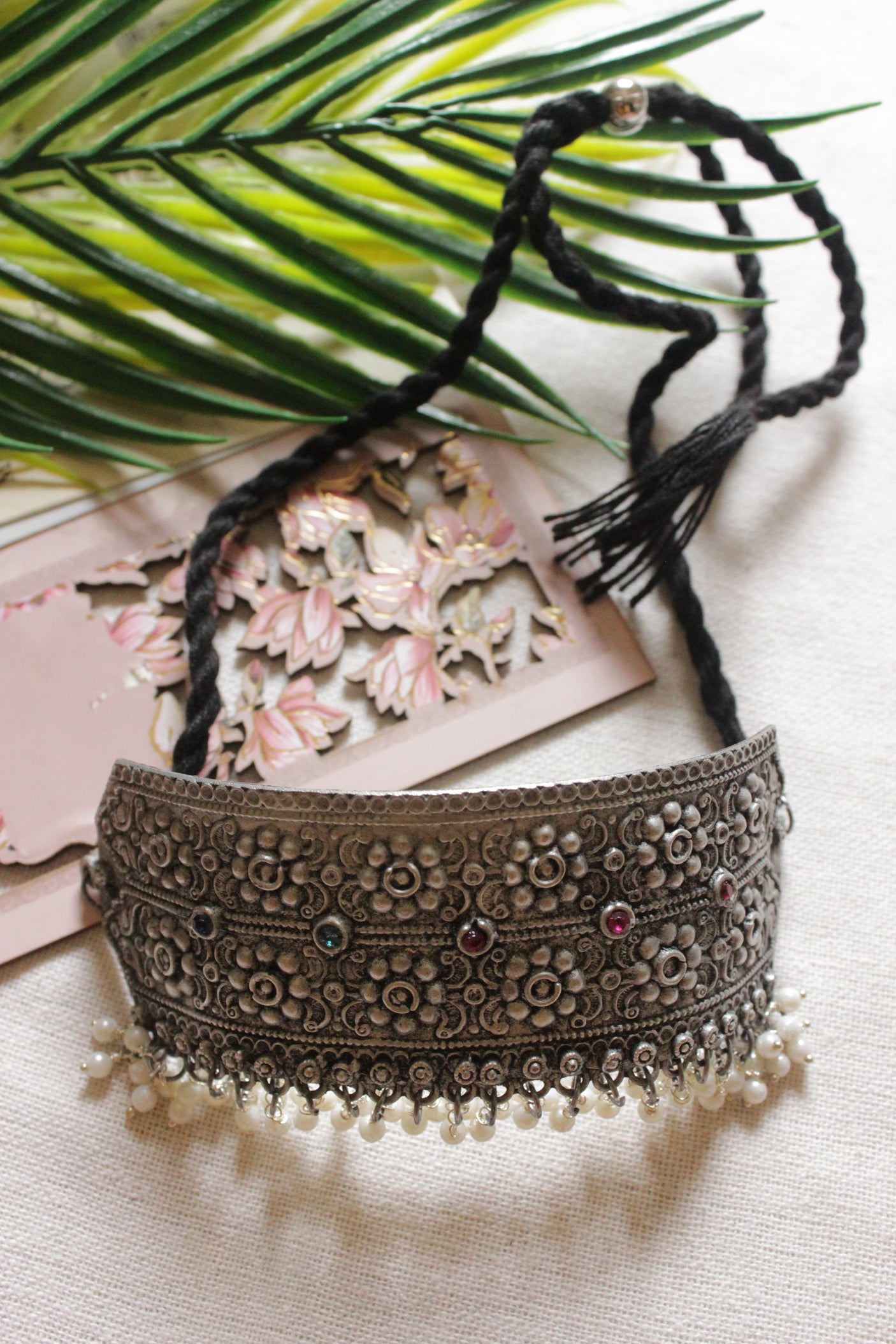 Oxidised Finish Intricately Detailed Adjustable Length Choker Necklace