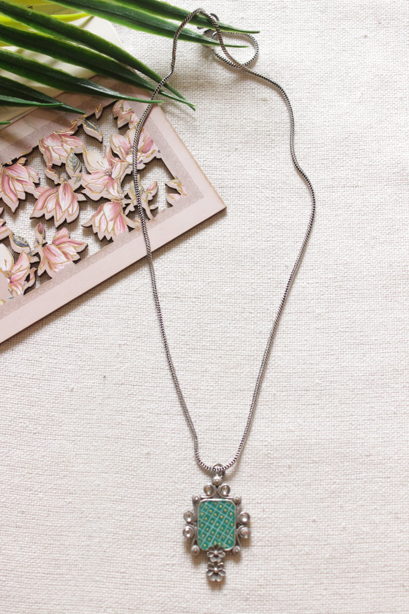 Oxidised Finish Hand Painted Pendant Petite Chain Necklace