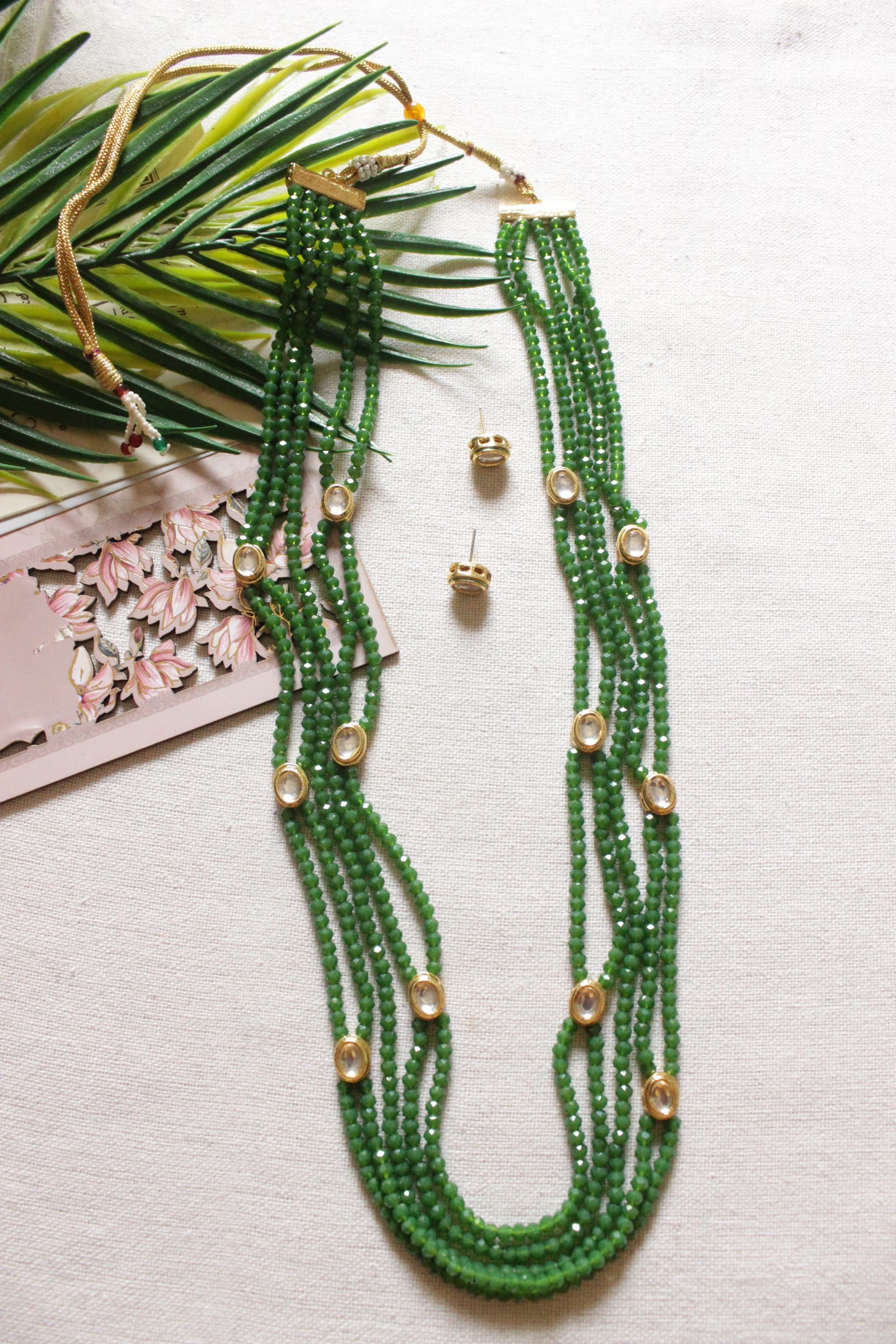 5 Layer Bottle Green Crystal Beads Necklace Set Accentuated with Gold Toned Kundan Stones