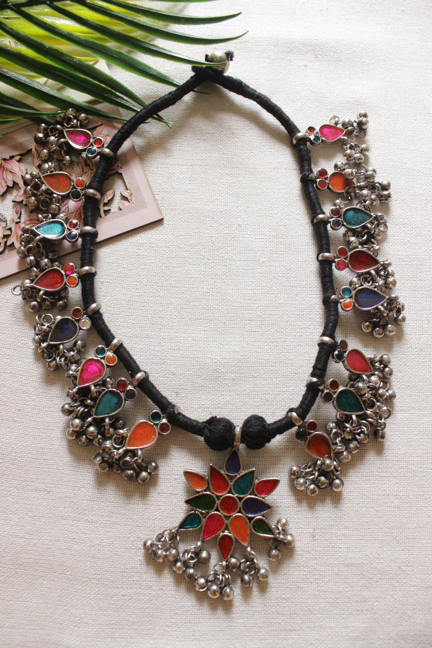 Multi Color Oxidised Finish Afghani Charms Braided in Black Threads Necklace