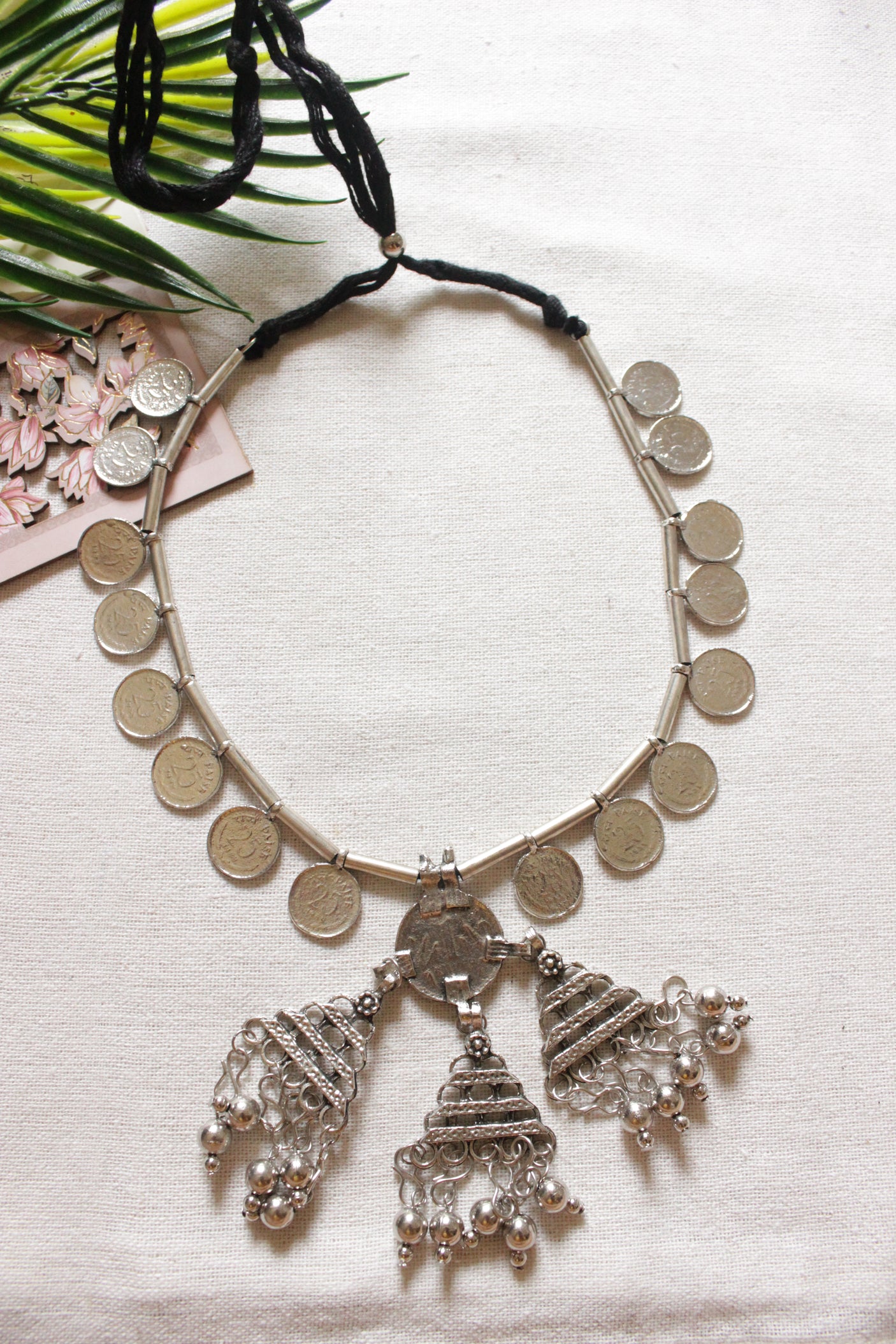 Stamped Metal Coins Adjustable Thread Closure Tribal Necklace