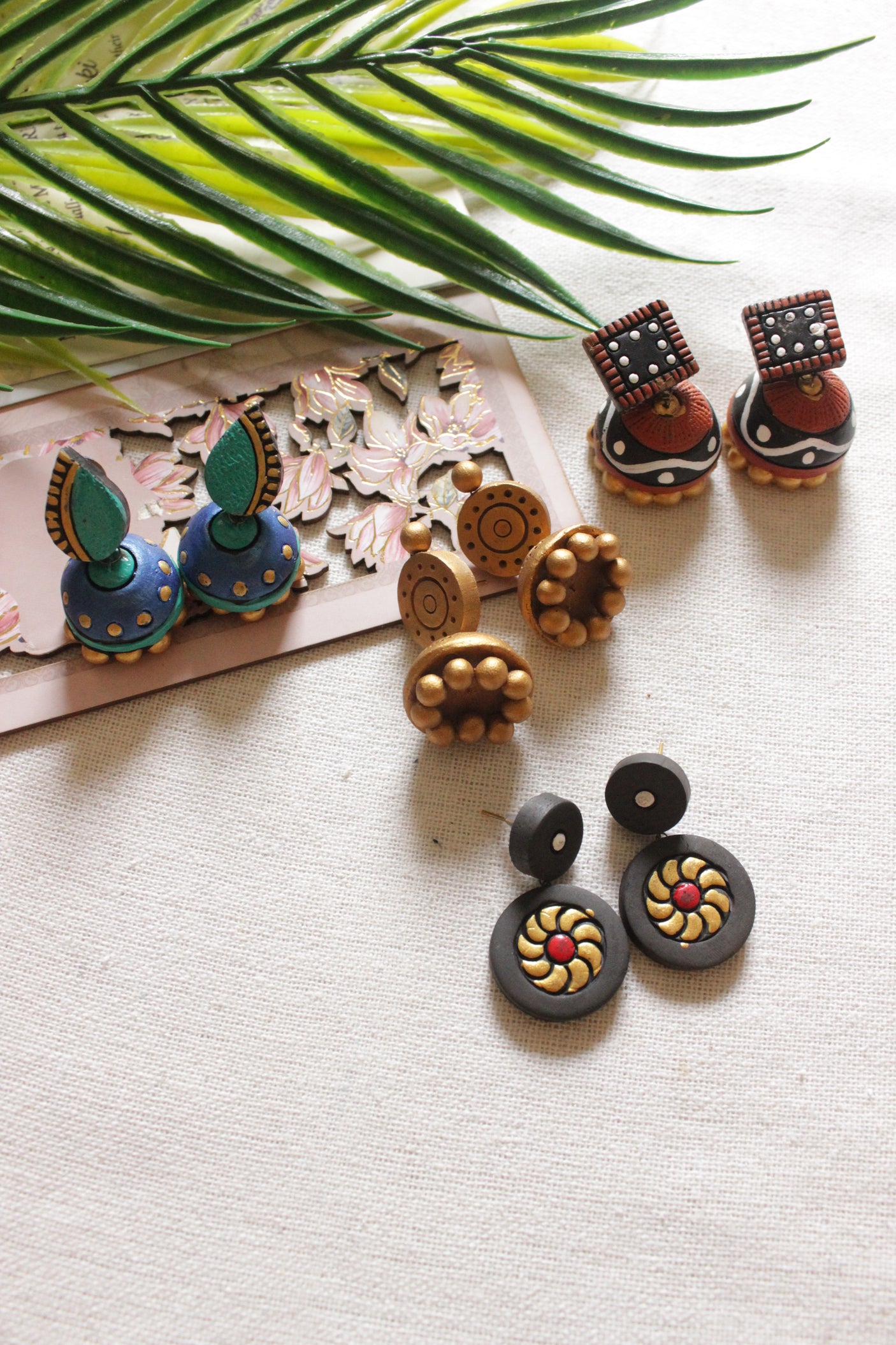 Set of 4 Earthy Handmade Terracotta Clay Jhumka Earrings