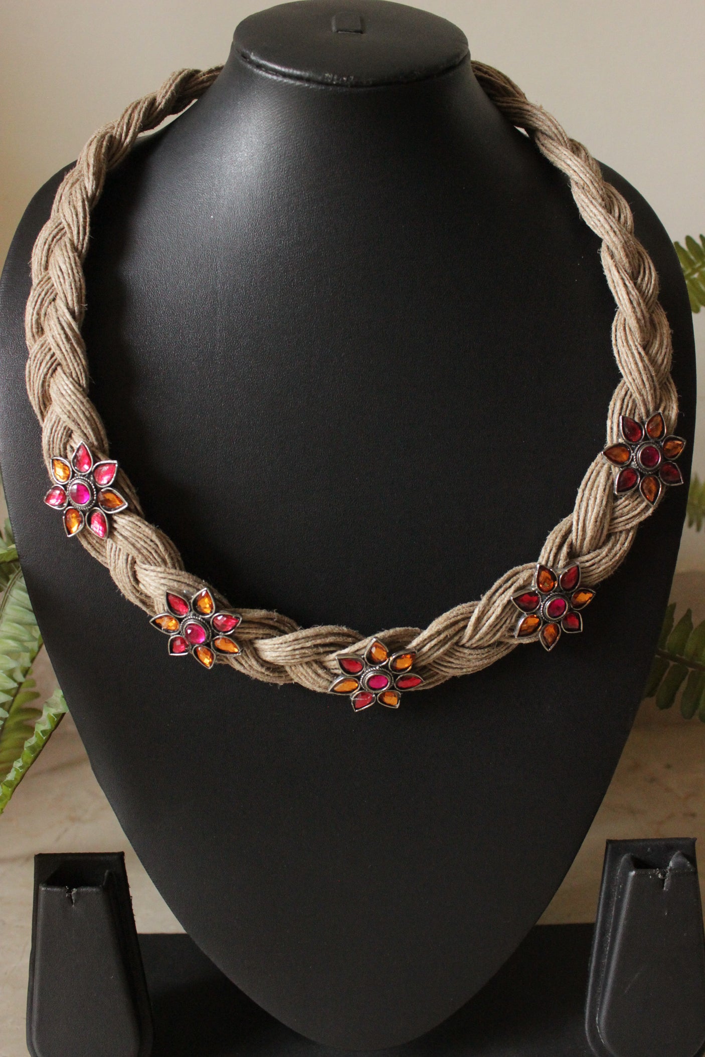 Braided Jute Strings Handmade Necklace with Flower Motif Multi-Color Afghani Charms