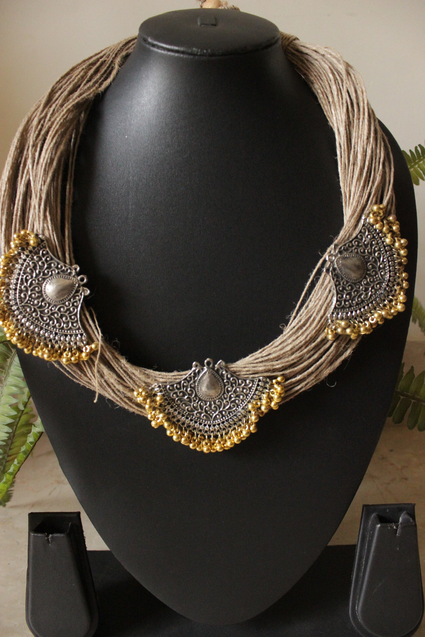Multi Layer Handmade Jute Necklace with Dual Tone Metal Charms