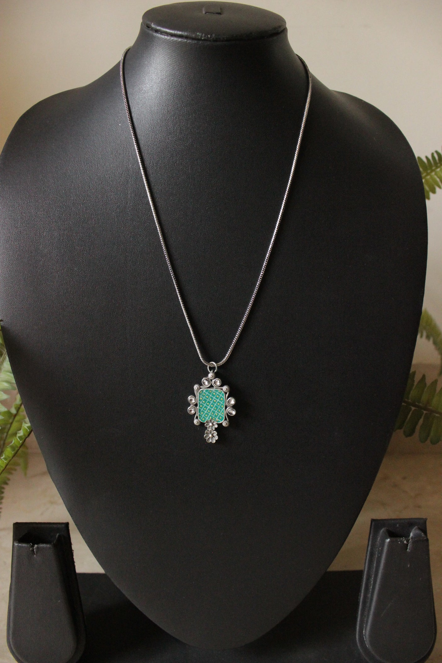 Oxidised Finish Hand Painted Pendant Petite Chain Necklace