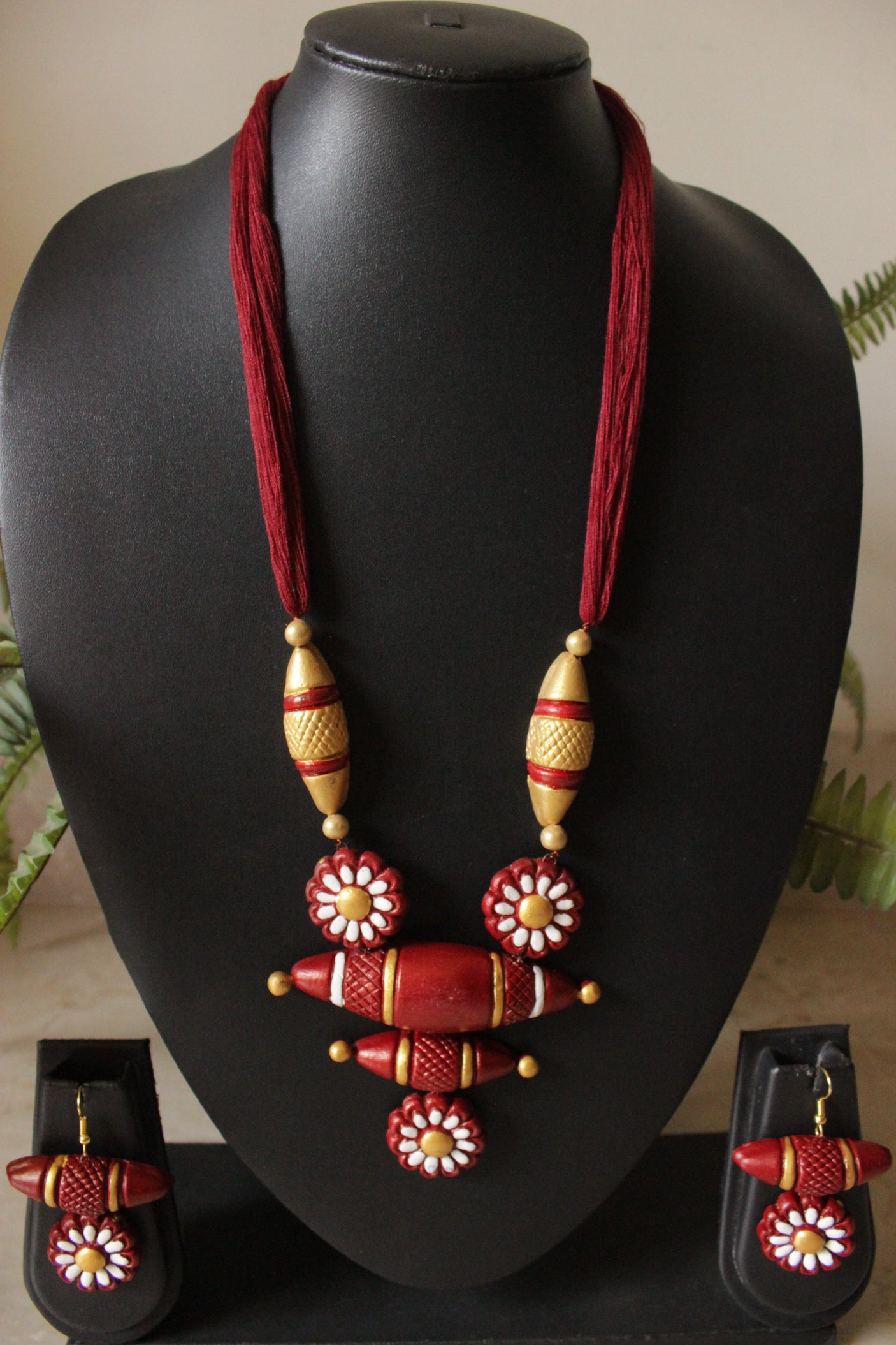 Maroon and Golden Handmade Terracotta Clay Adjustable Length Necklace Set