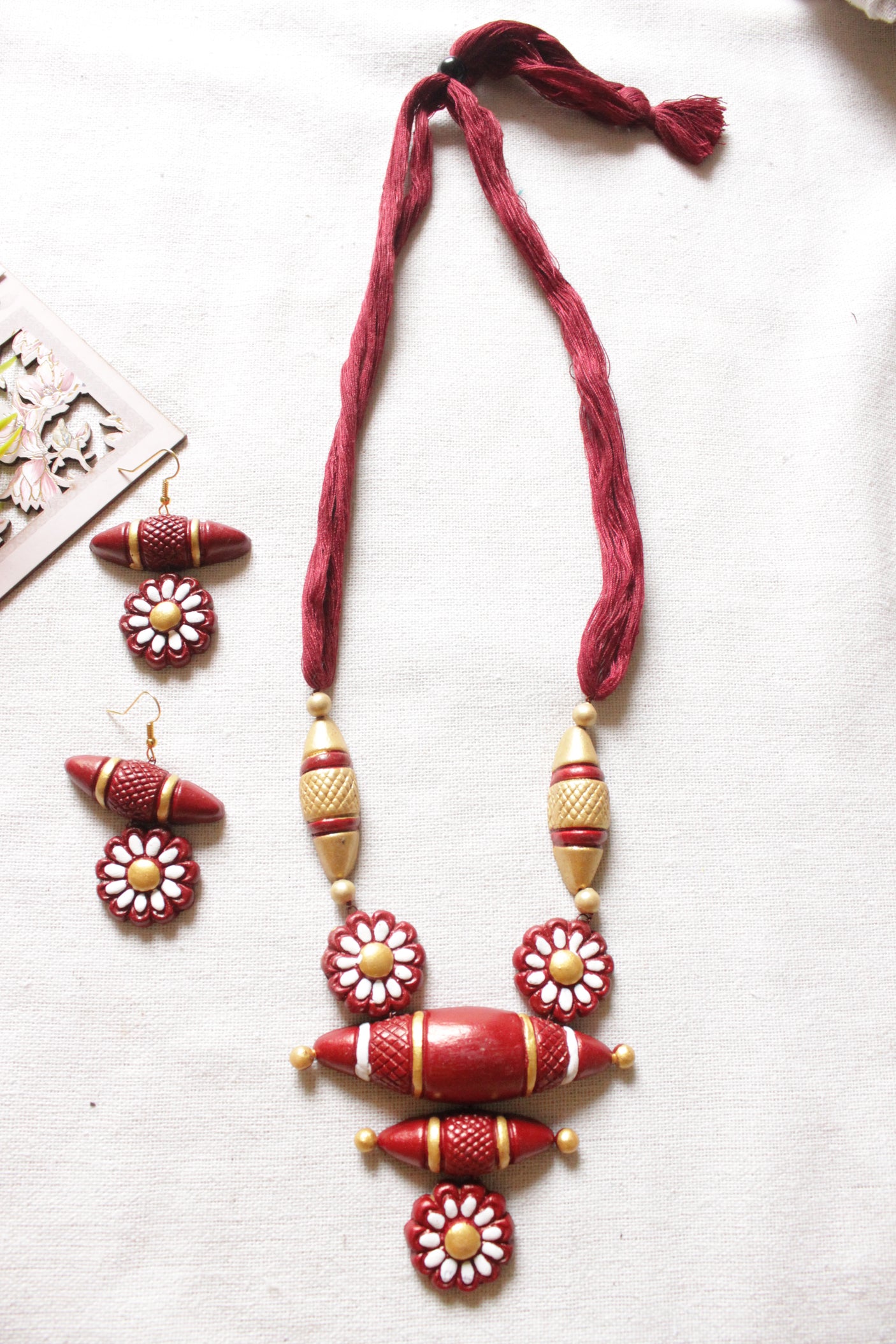 Maroon and Golden Handmade Terracotta Clay Adjustable Length Necklace Set