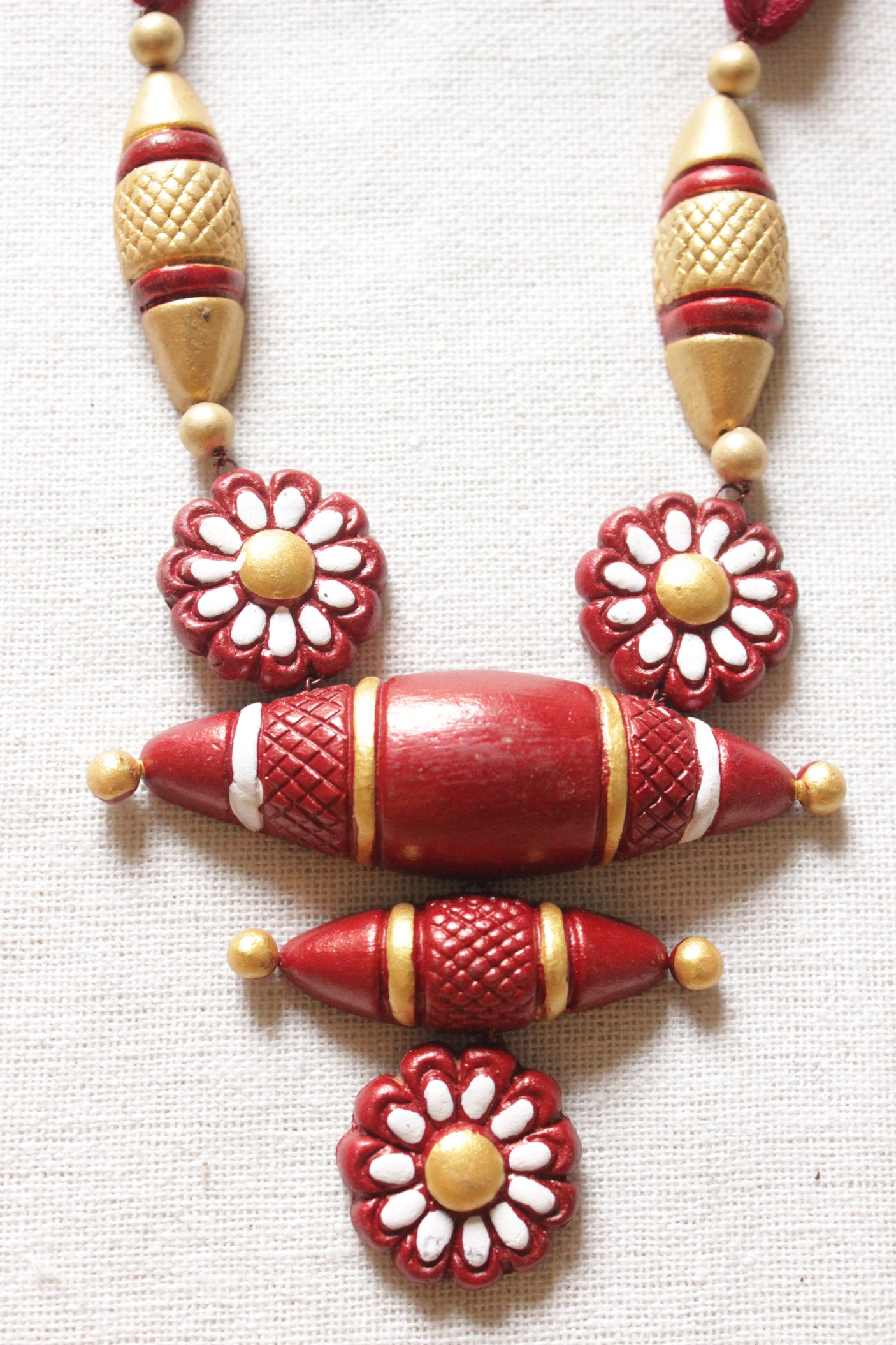 Maroon and Golden Handmade Terracotta Clay Adjustable Length Necklace Set