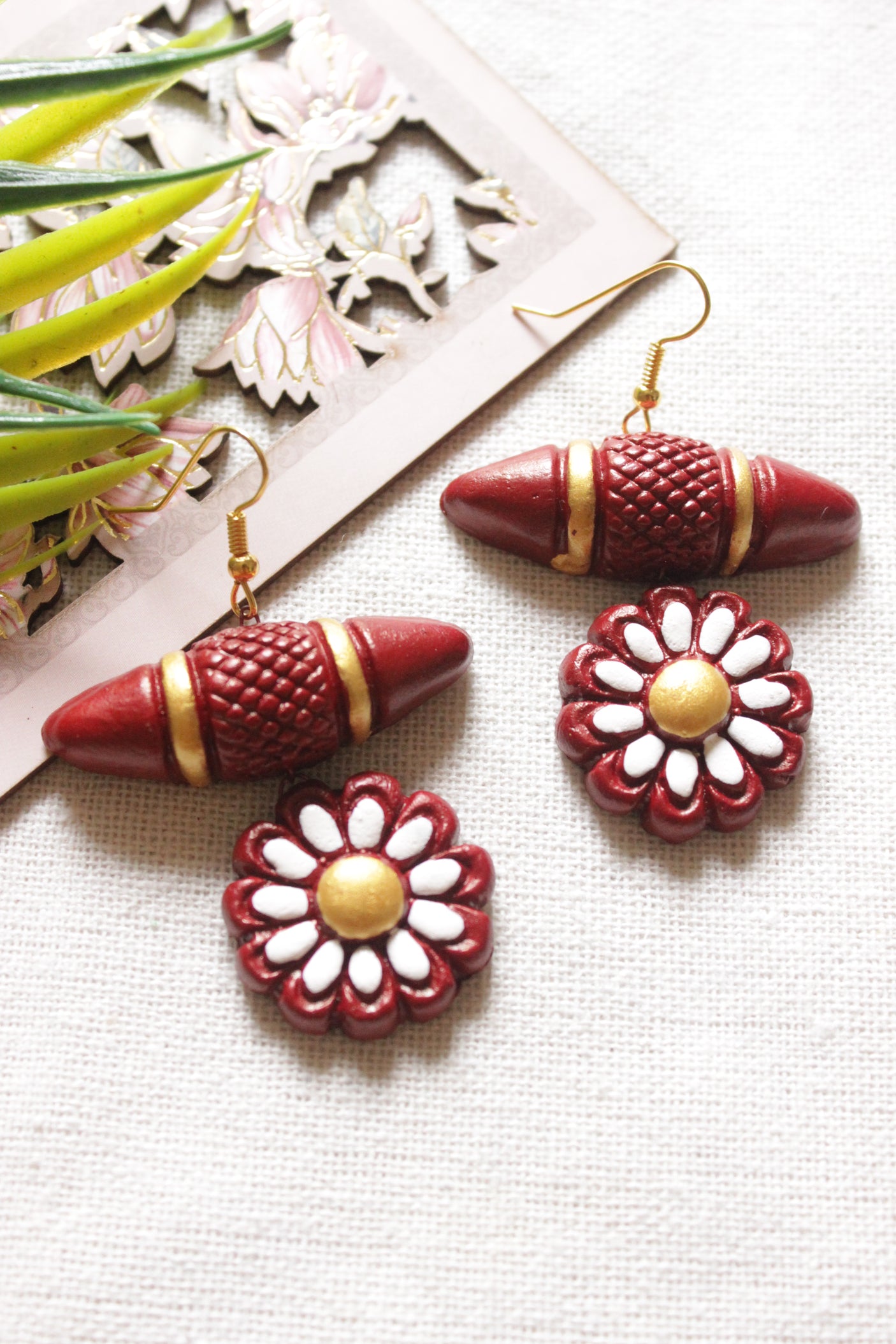 Maroon and Golden Handmade Terracotta Clay Adjustable Length Necklace Set