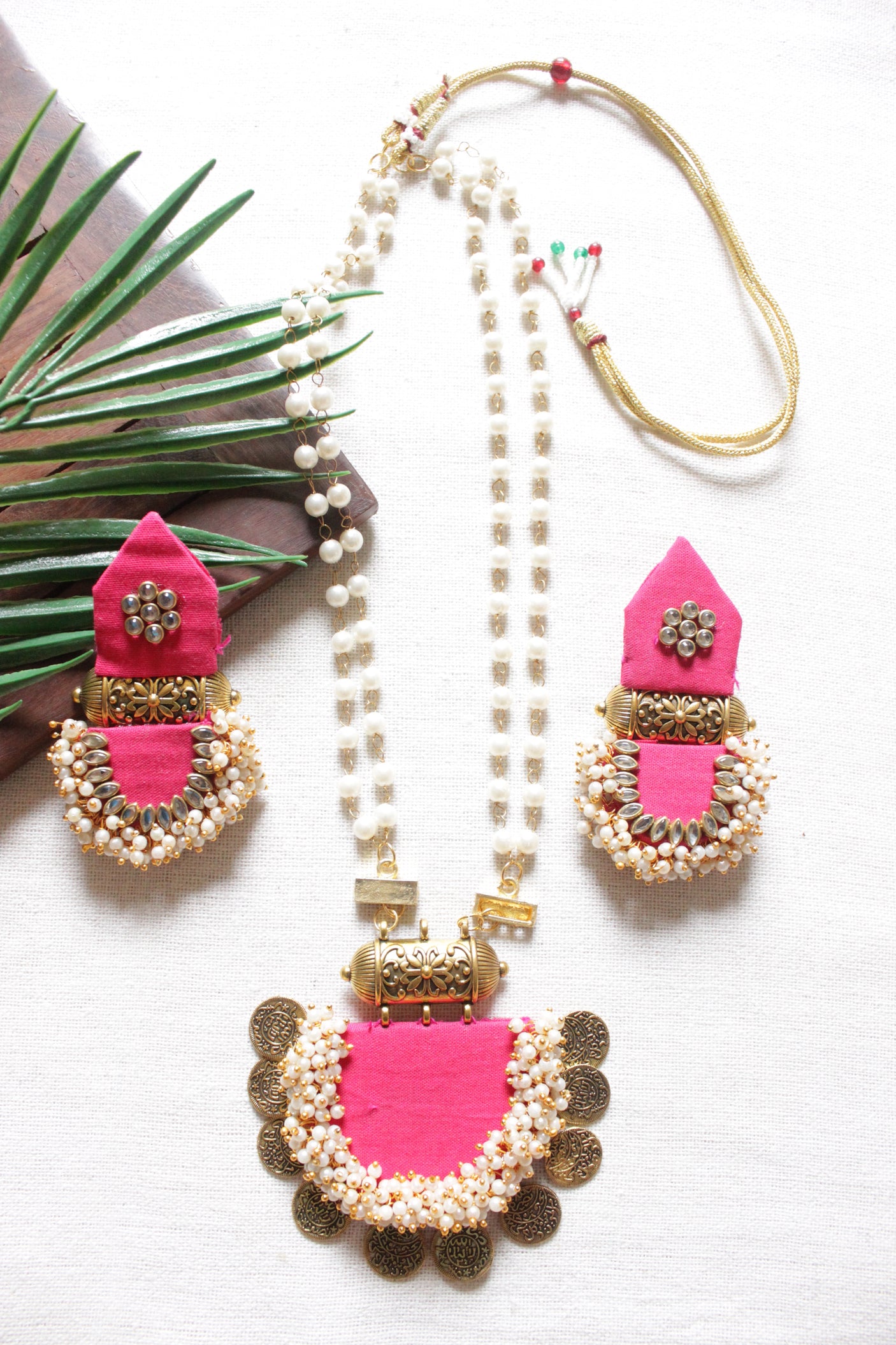 Pink Fabric & White Pearl Beads Matt Gold Finish Vibrant Necklace