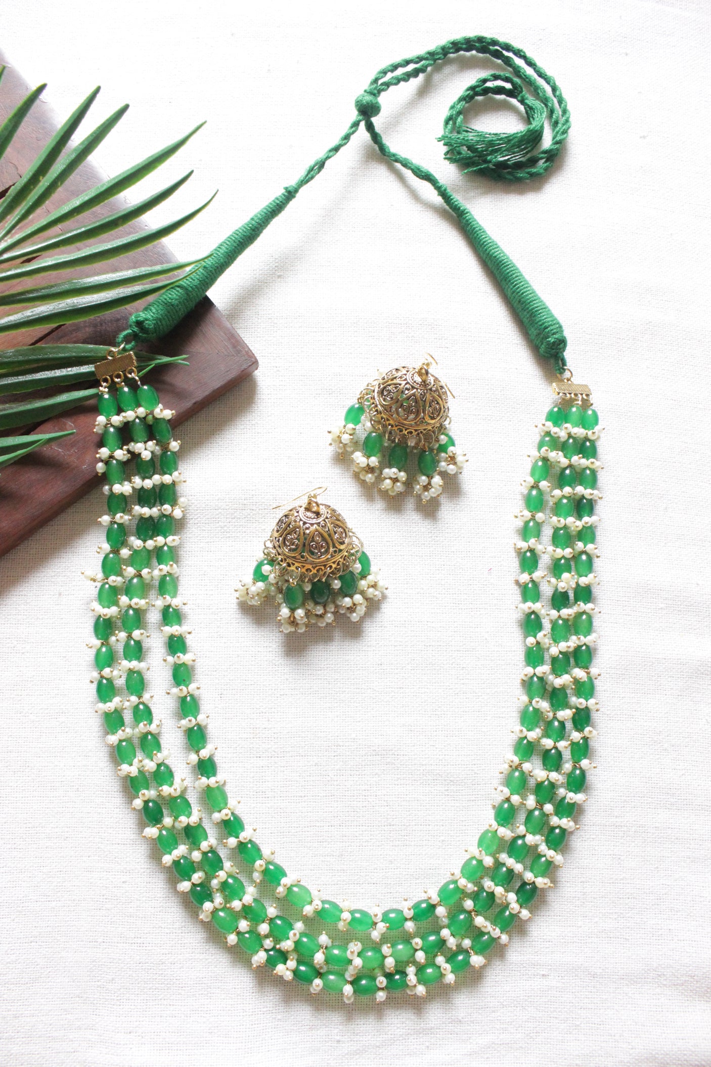 Green Acrylic Beads Gold Toned Necklace Set with Jhumka Earrings