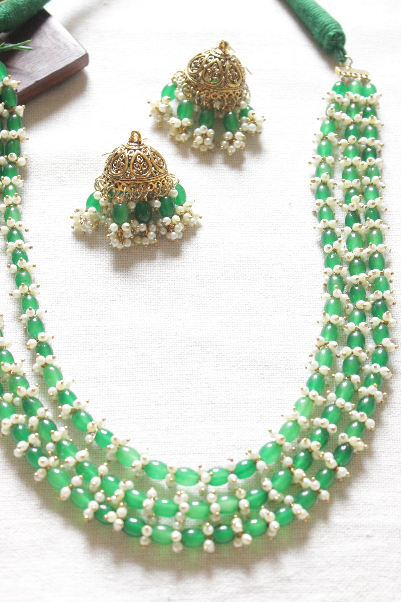 Green Acrylic Beads Gold Toned Necklace Set with Jhumka Earrings