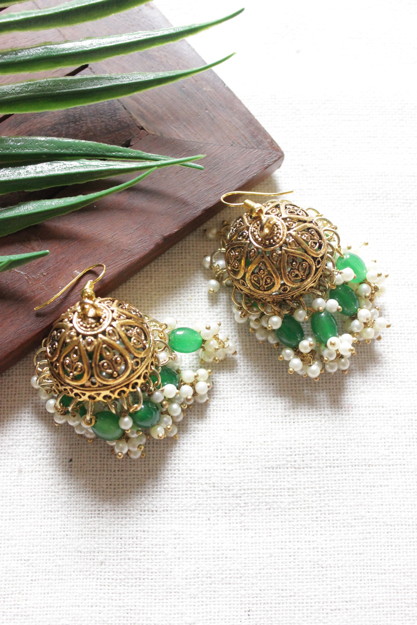 Green Acrylic Beads Gold Toned Necklace Set with Jhumka Earrings
