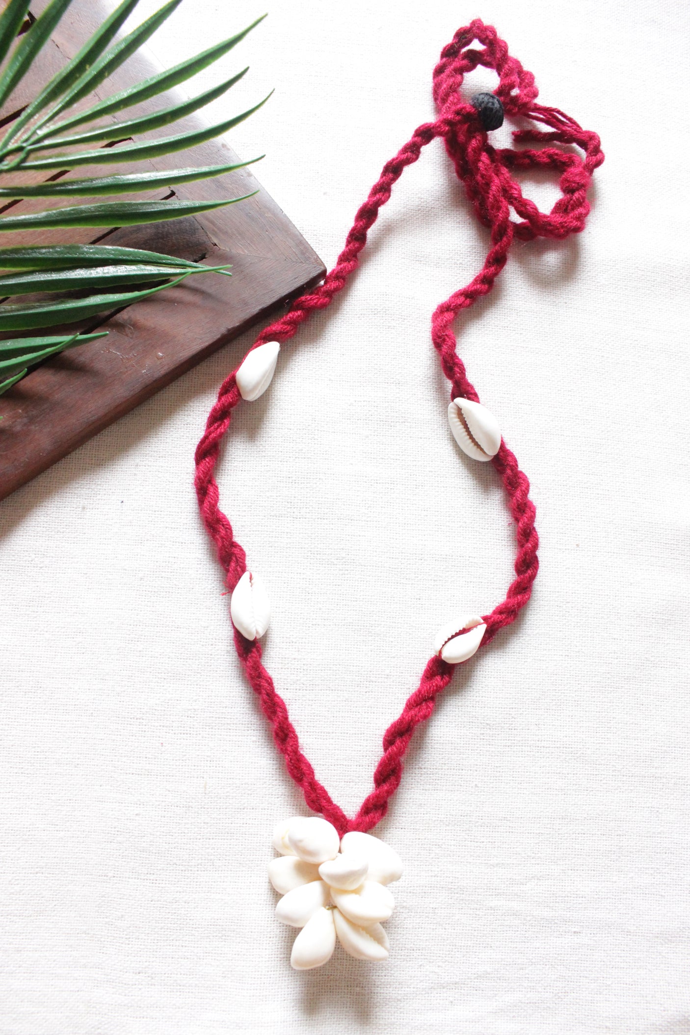 Shells Hand Braided in Red Threads Adjustable Necklace