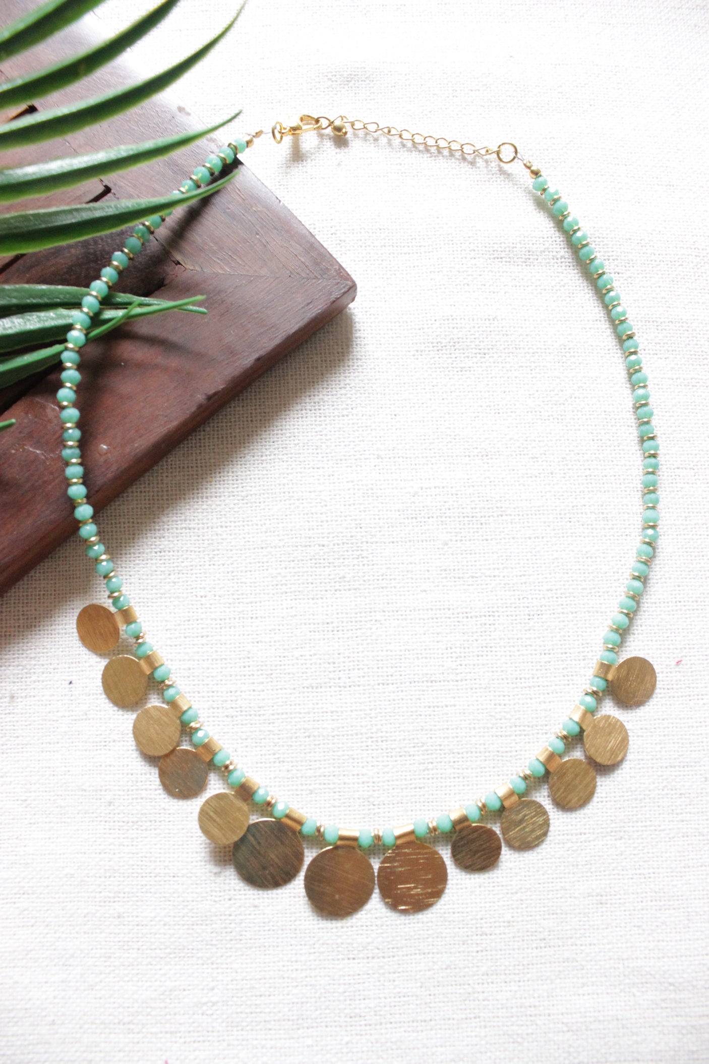 Matt Gold Finish Round Metal Charms Braided with Turquoise Beads Necklace