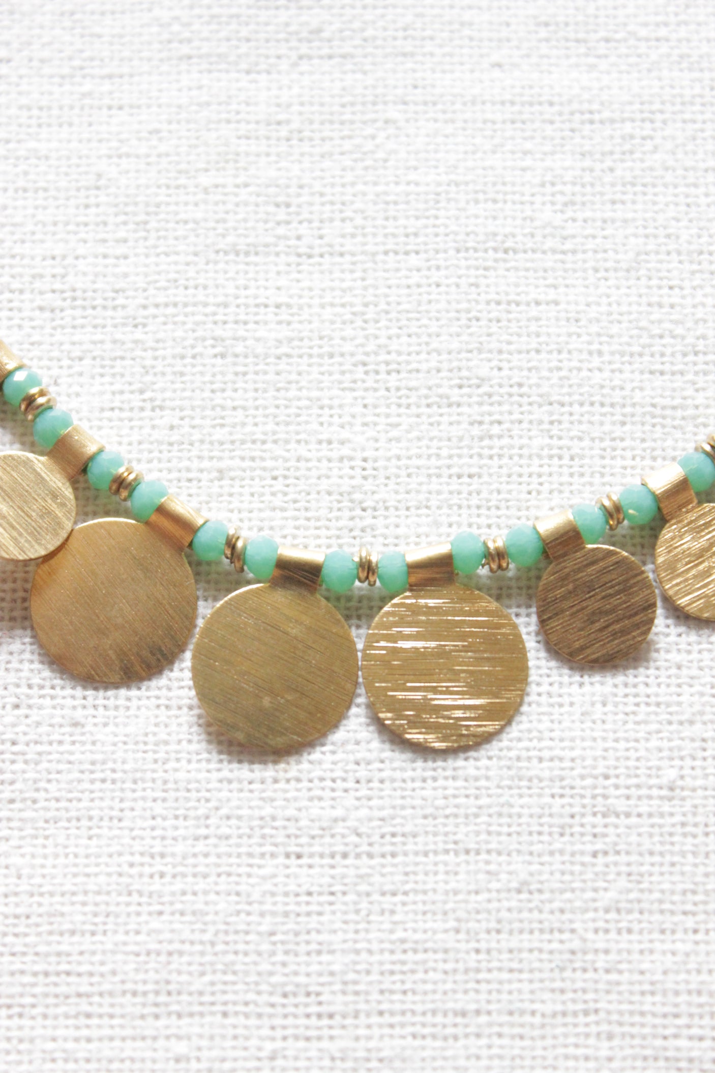 Matt Gold Finish Round Metal Charms Braided with Turquoise Beads Necklace