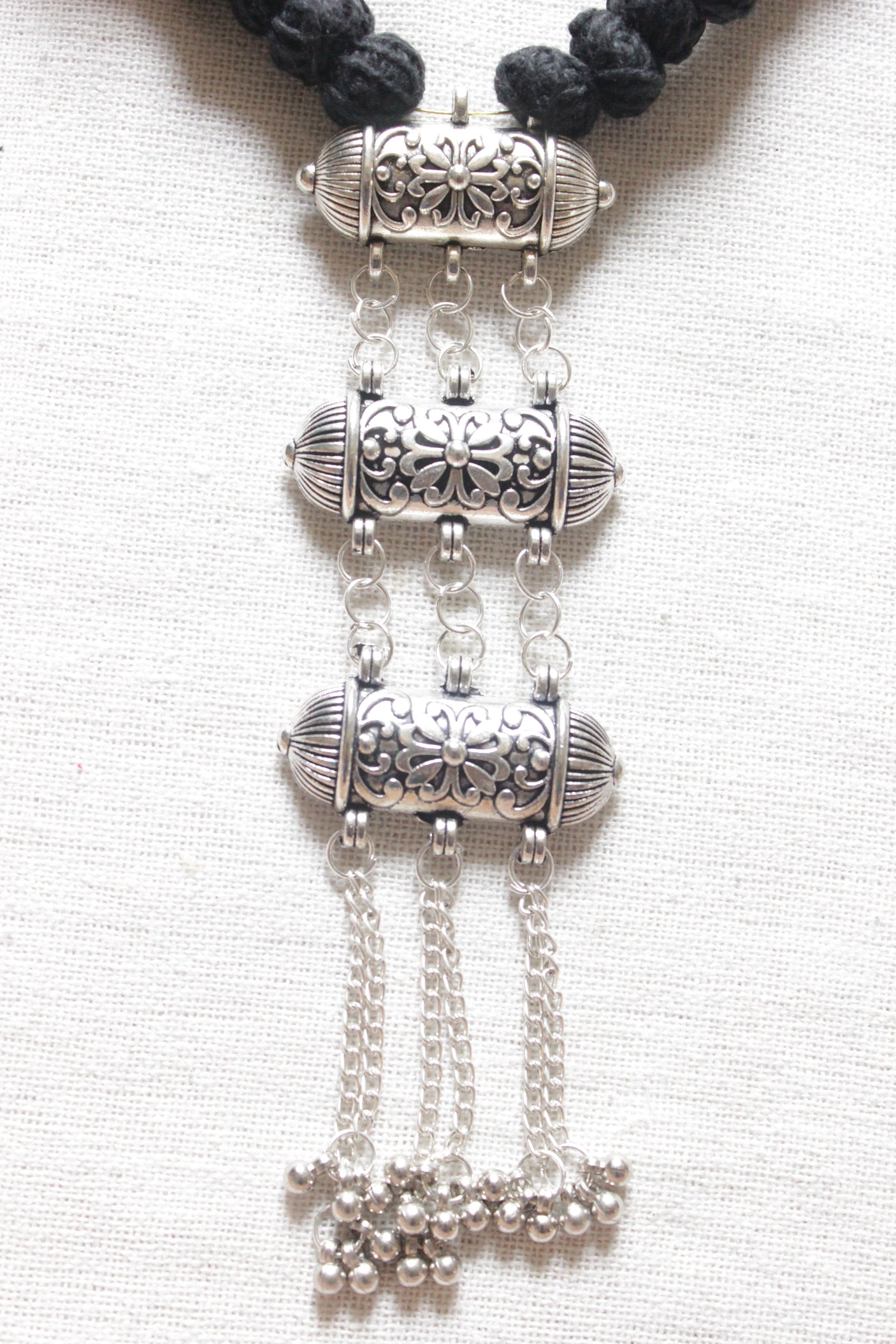 Fabric Threads and Multi Layer Metal Pendant Black Oxidised Choker Necklace with Adjustable Length