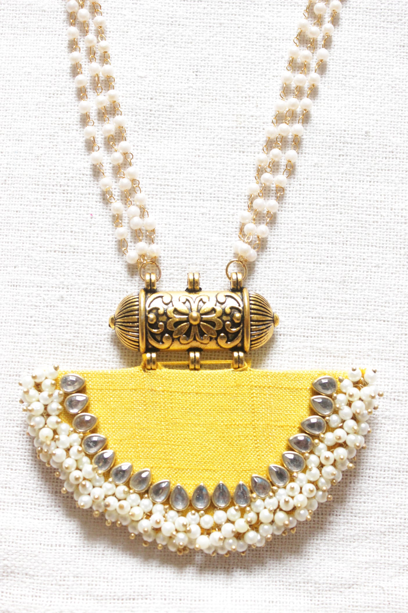 Vibrant Yellow Fabric Kundan Stones and White Pearl Beads Necklace