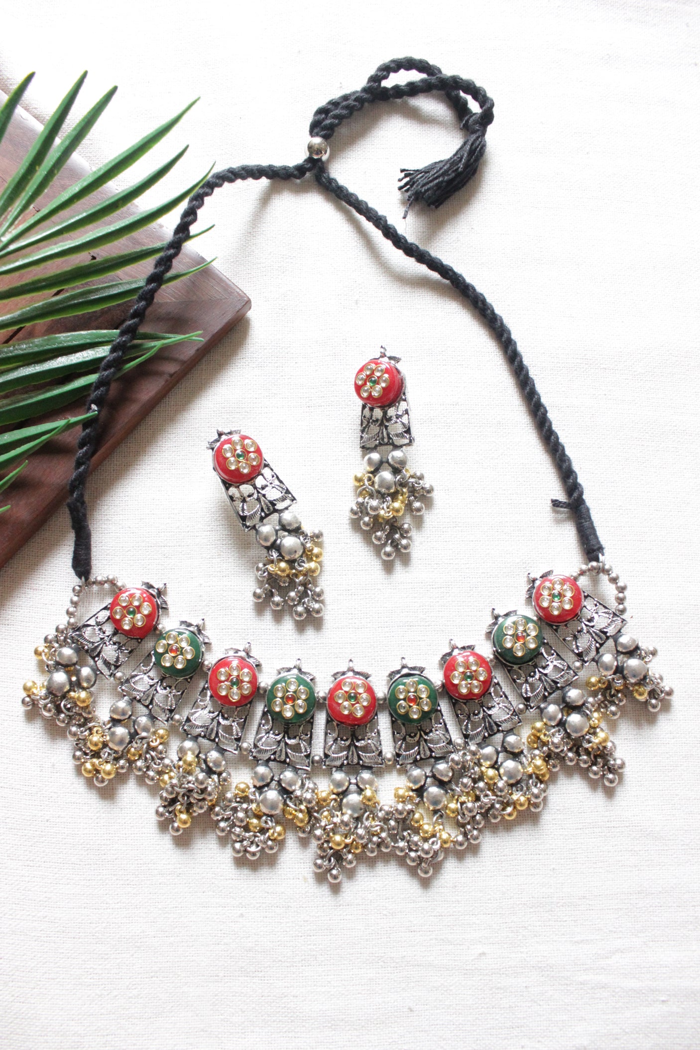 Dual Tone Red and Green Beads Adjustable Length Choker Necklace Set