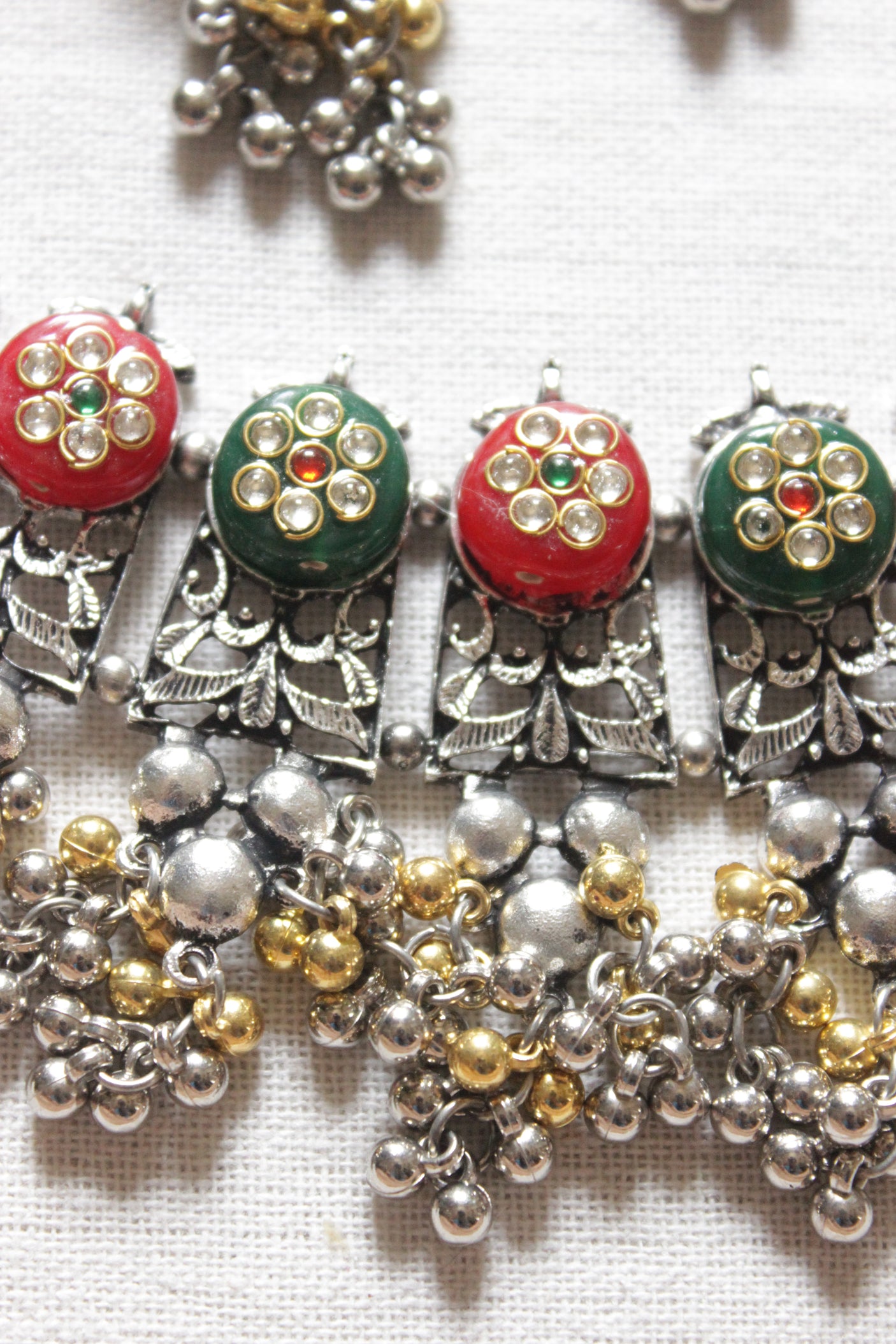 Dual Tone Red and Green Beads Adjustable Length Choker Necklace Set