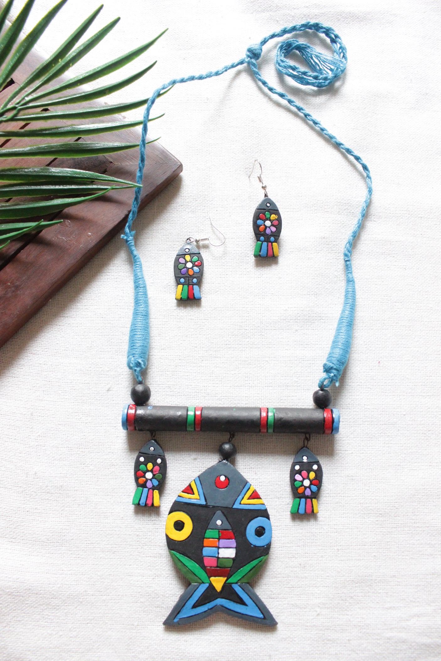 Terracotta Clay Hand Painted Fish Motif Adjustable Length Necklace Set