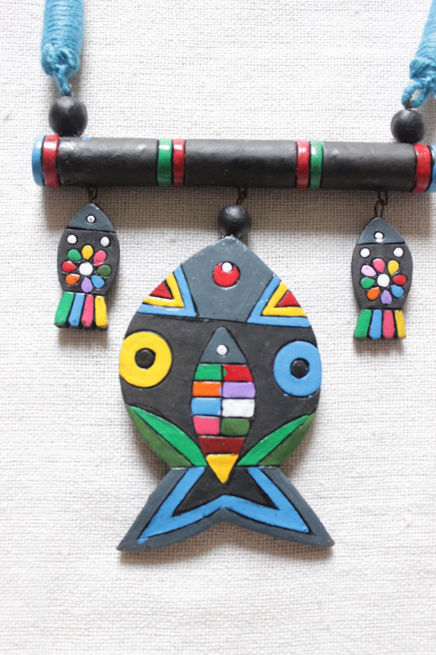 Terracotta Clay Hand Painted Fish Motif Adjustable Length Necklace Set