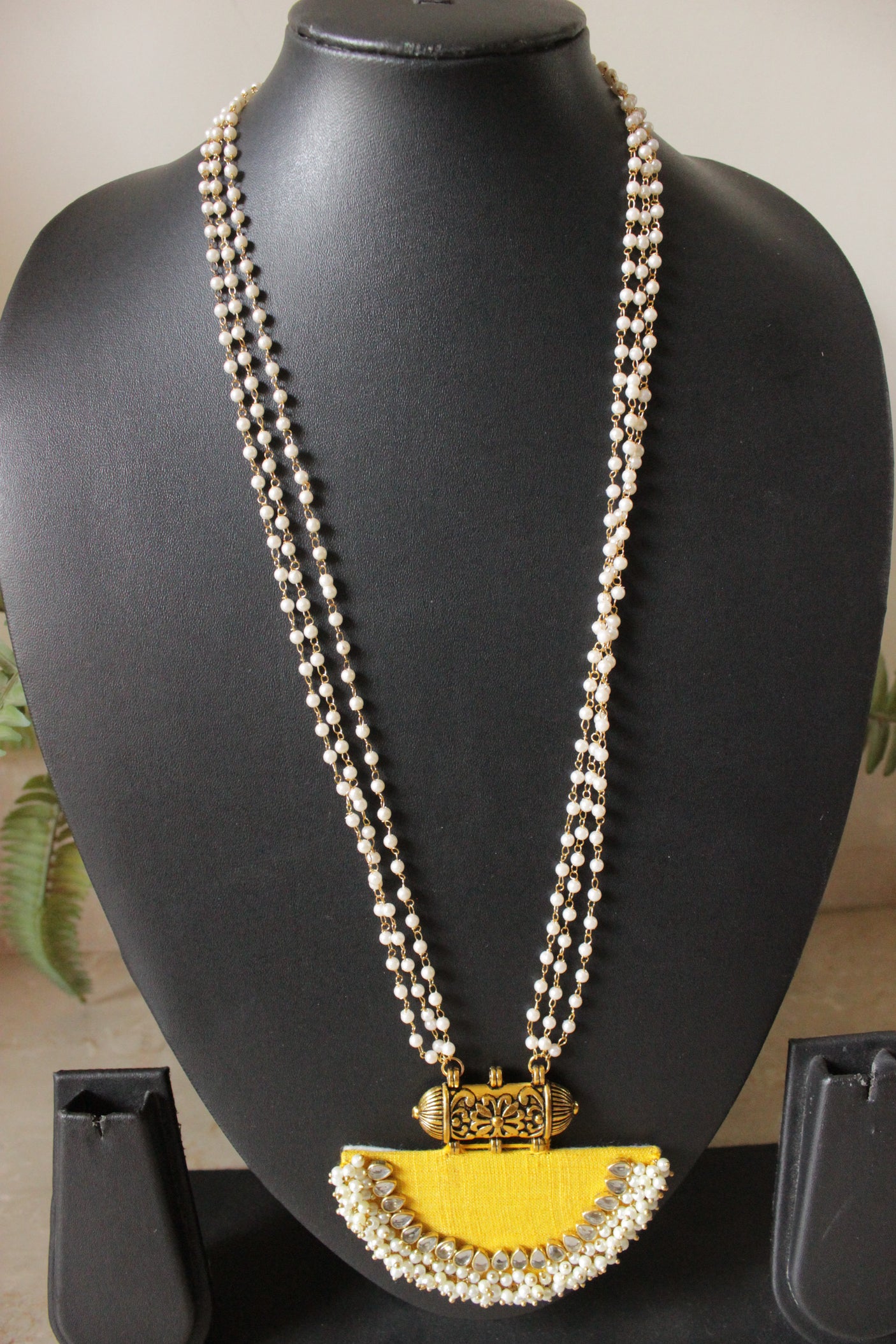 Vibrant Yellow Fabric Kundan Stones and White Pearl Beads Necklace