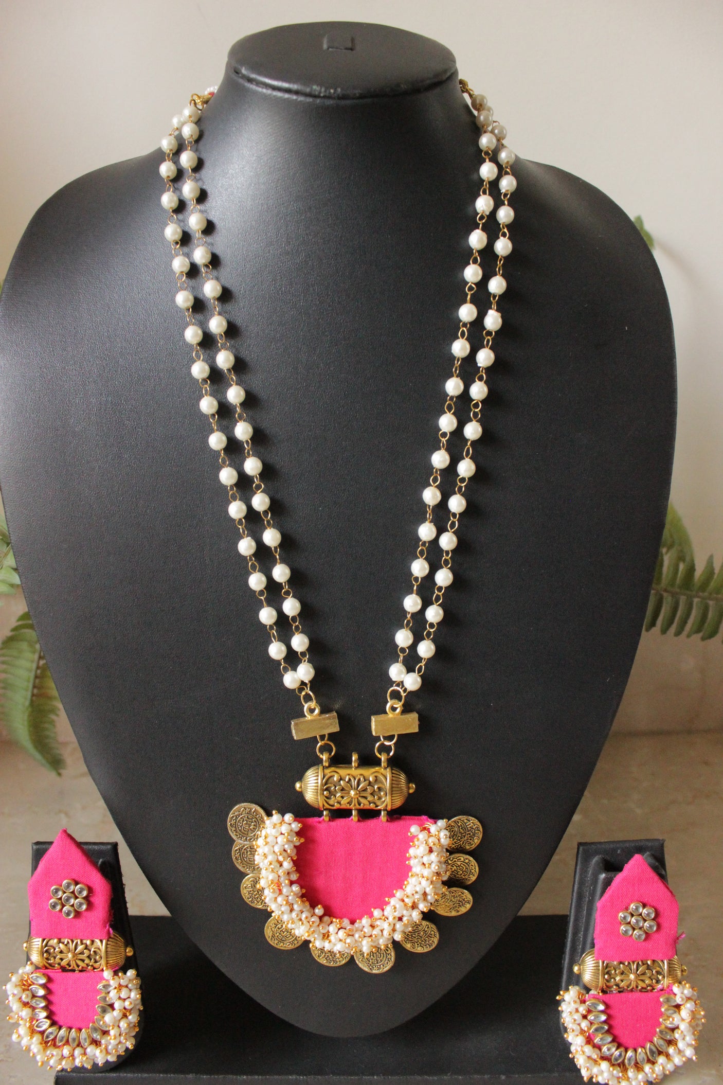 Pink Fabric & White Pearl Beads Matt Gold Finish Vibrant Necklace