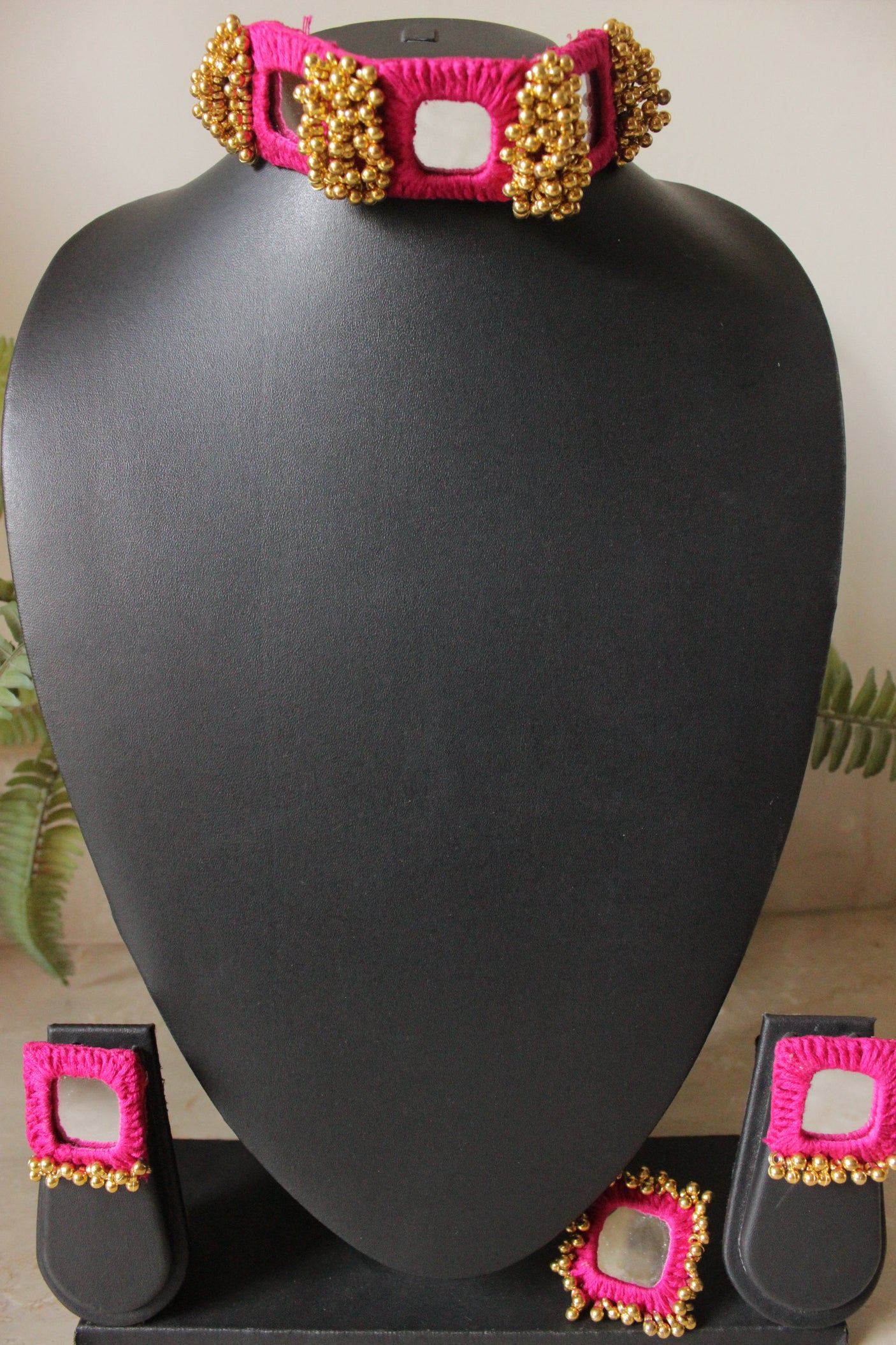 Pink fabric Threads and Mirror Work Golden Metal Beads Choker Necklace Set