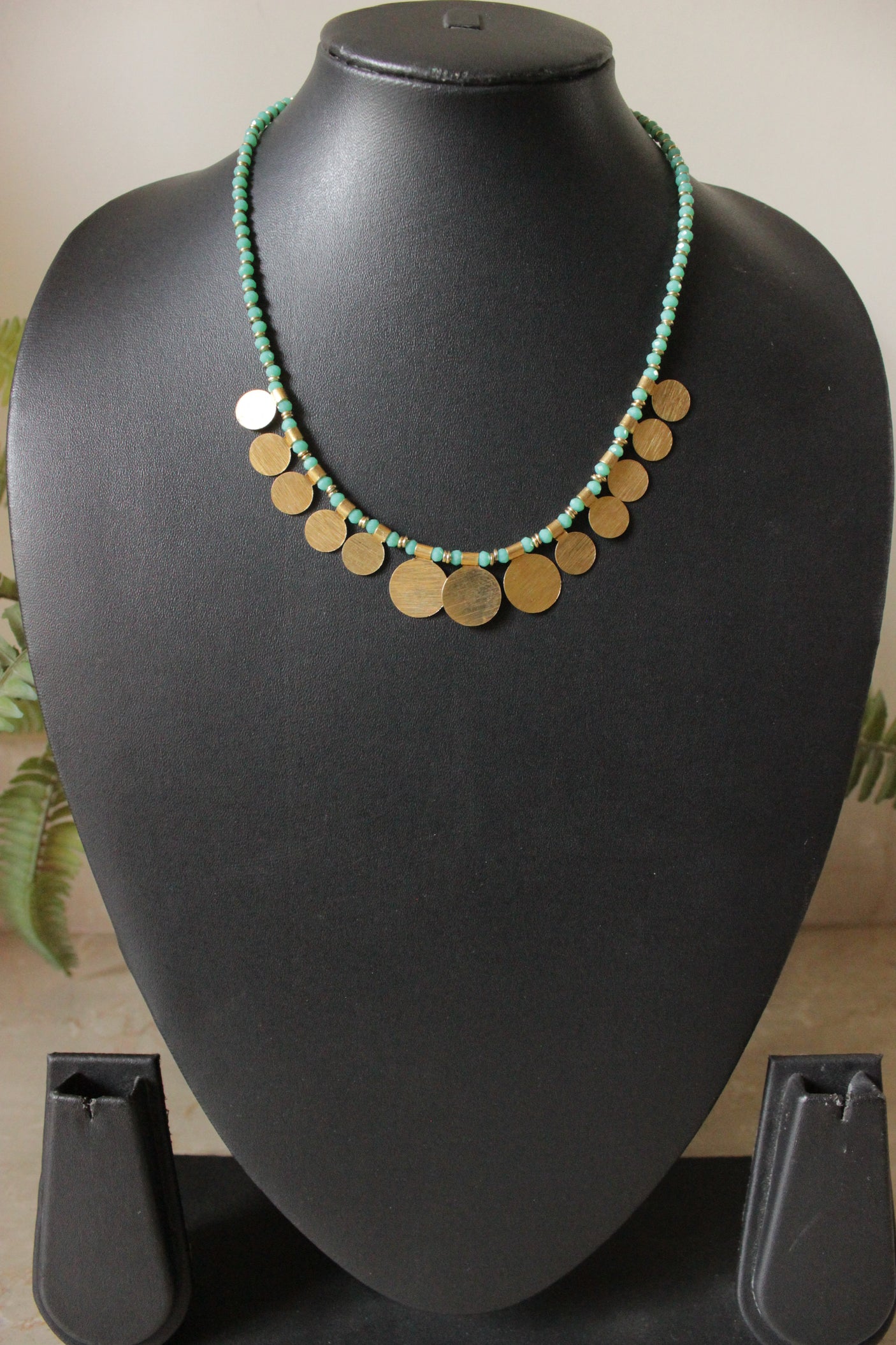 Matt Gold Finish Round Metal Charms Braided with Turquoise Beads Necklace