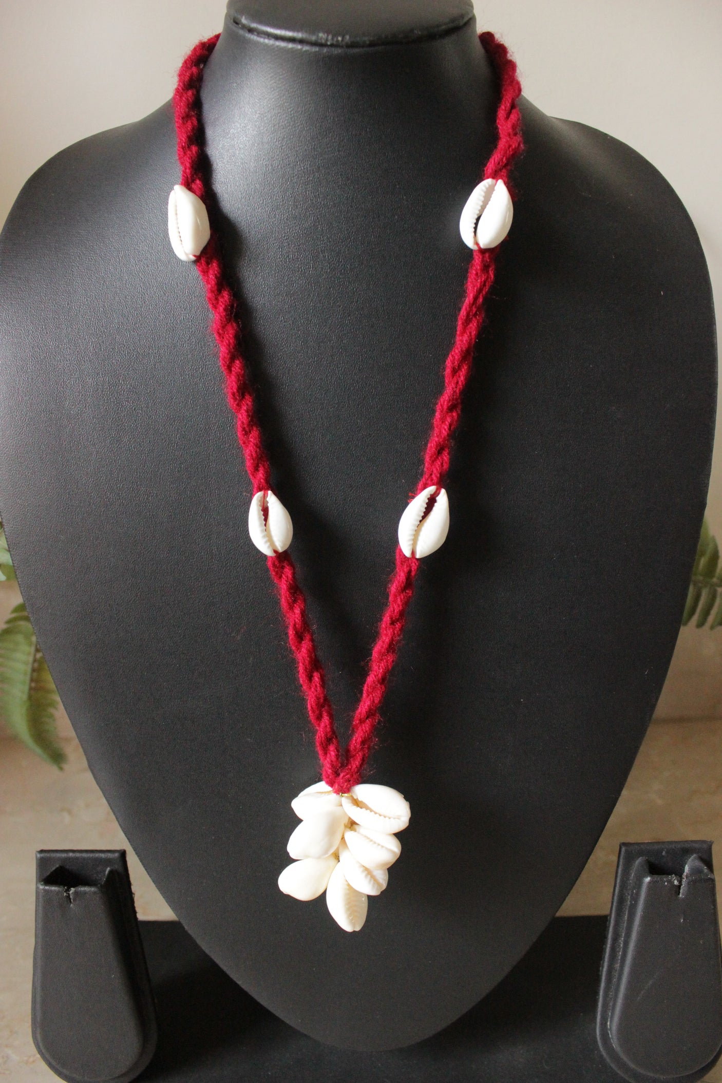 Shells Hand Braided in Red Threads Adjustable Necklace