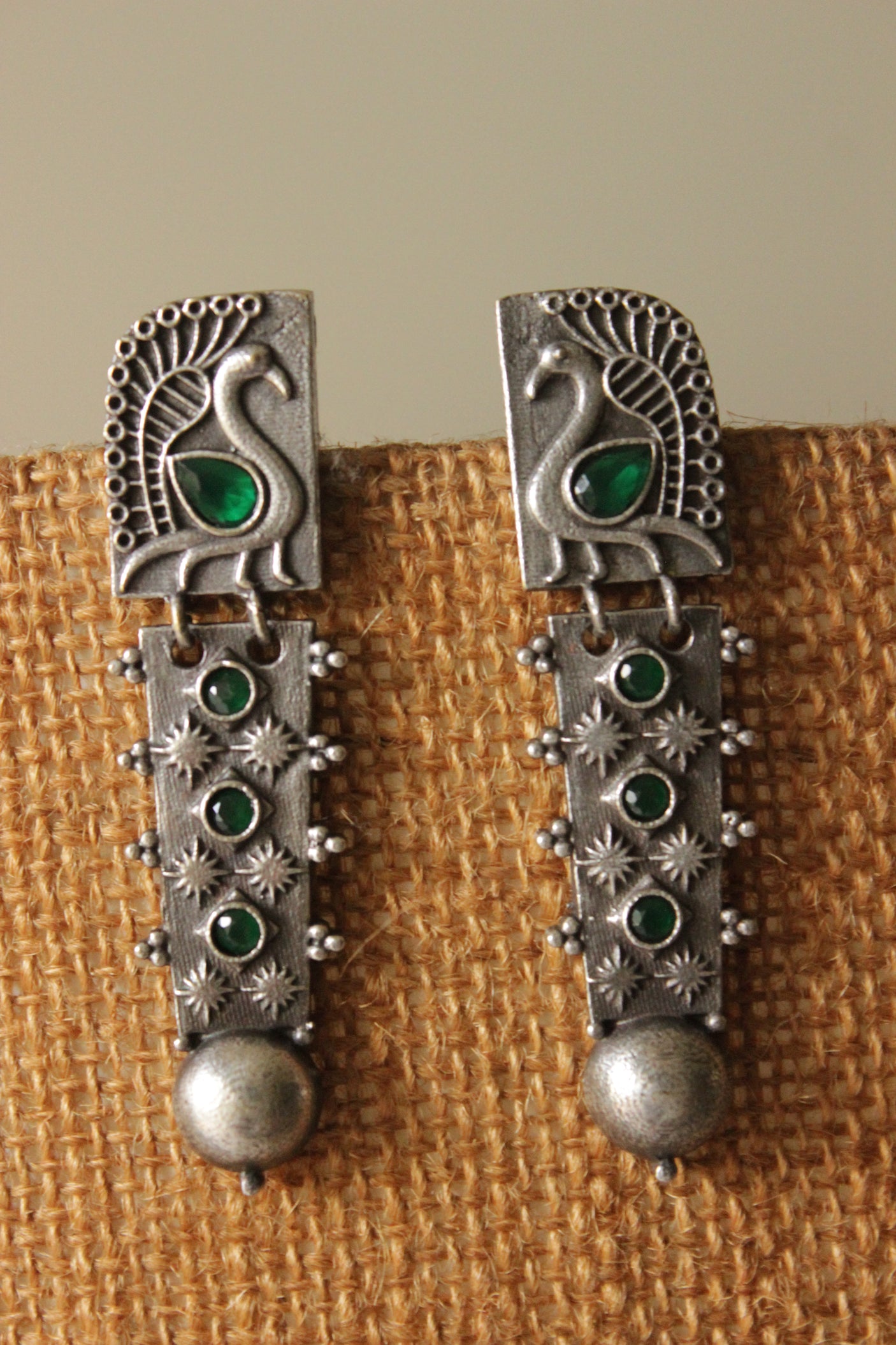 Oxidised Finish Peacock Motif Green Glass Stones Embedded Earrings