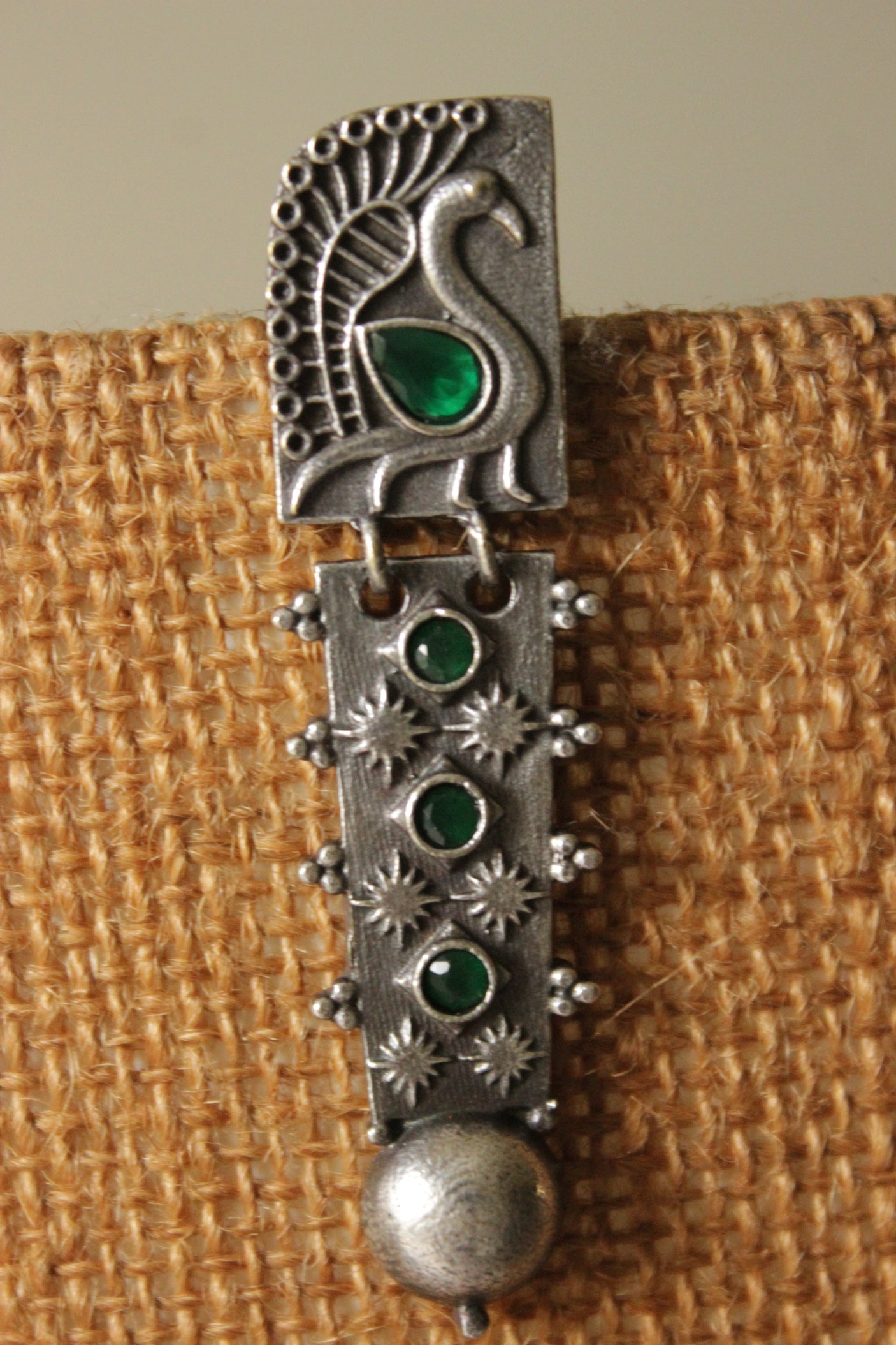 Oxidised Finish Peacock Motif Green Glass Stones Embedded Earrings