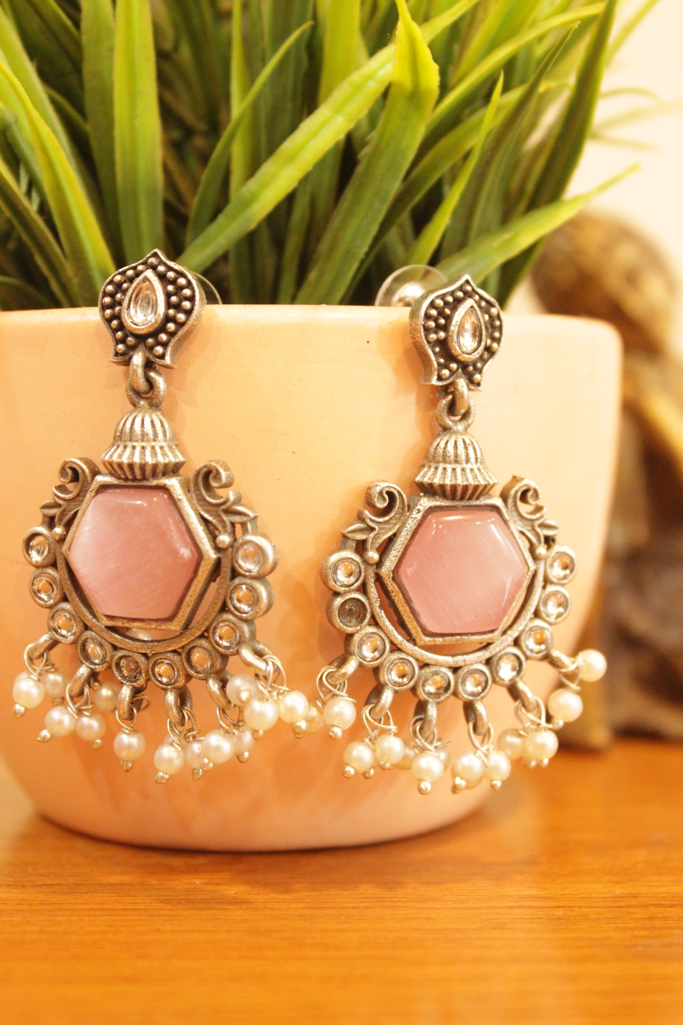 Baby Pink Center Stone Embedded Oxidised Finish Earrings