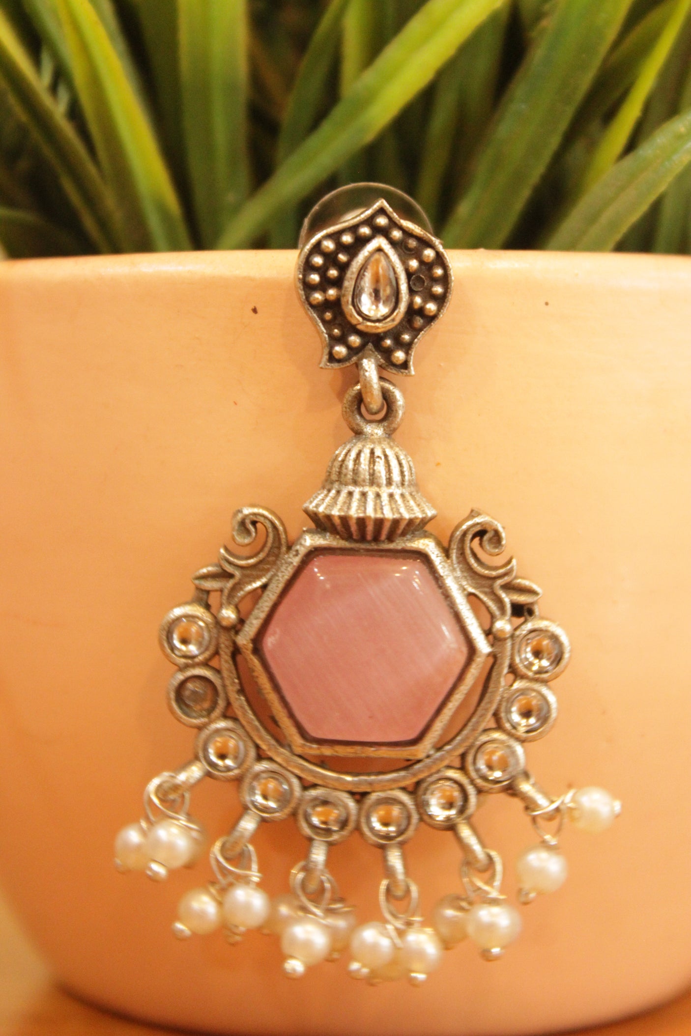 Baby Pink Center Stone Embedded Oxidised Finish Earrings