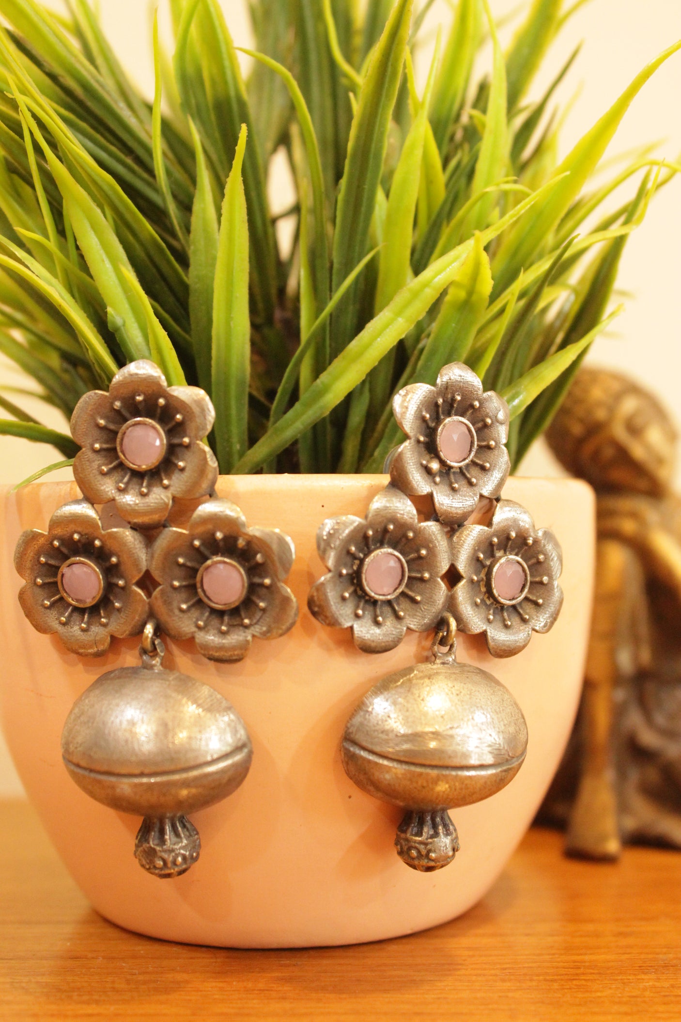 Flower and Kalash Shaped Pink Stones Embedded Oxidised Finish Earrings
