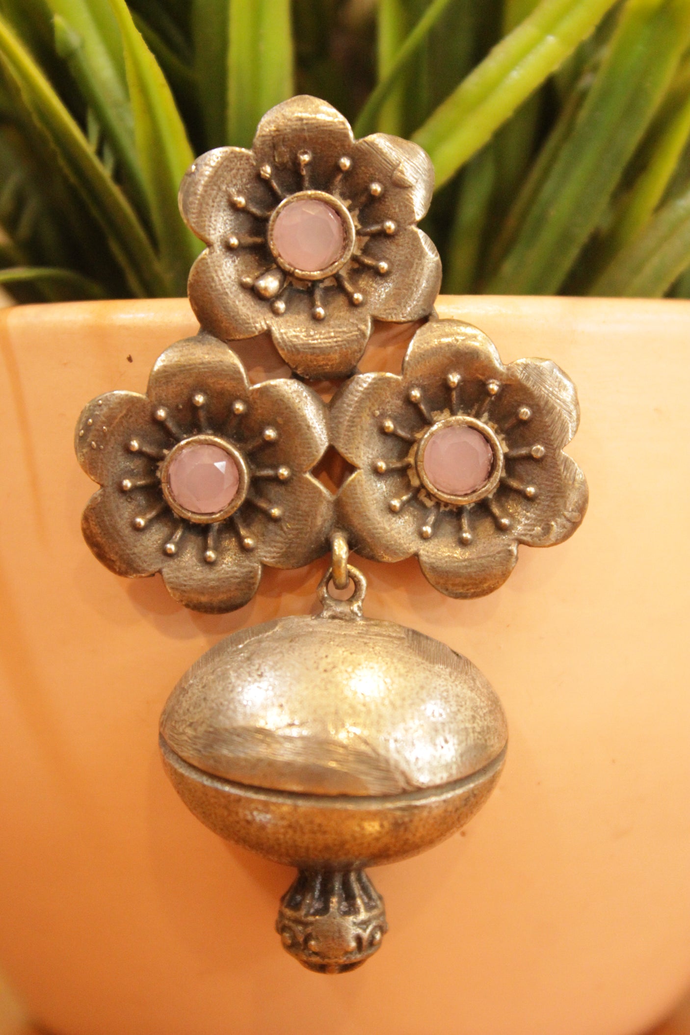 Flower and Kalash Shaped Pink Stones Embedded Oxidised Finish Earrings