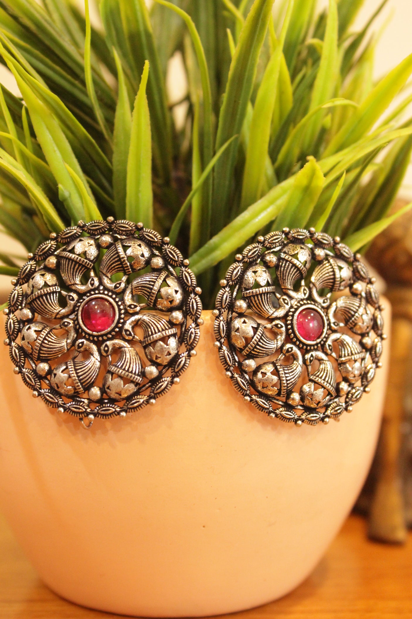 Peacock Motifs Oxidised Finish Circular Stud Earrings