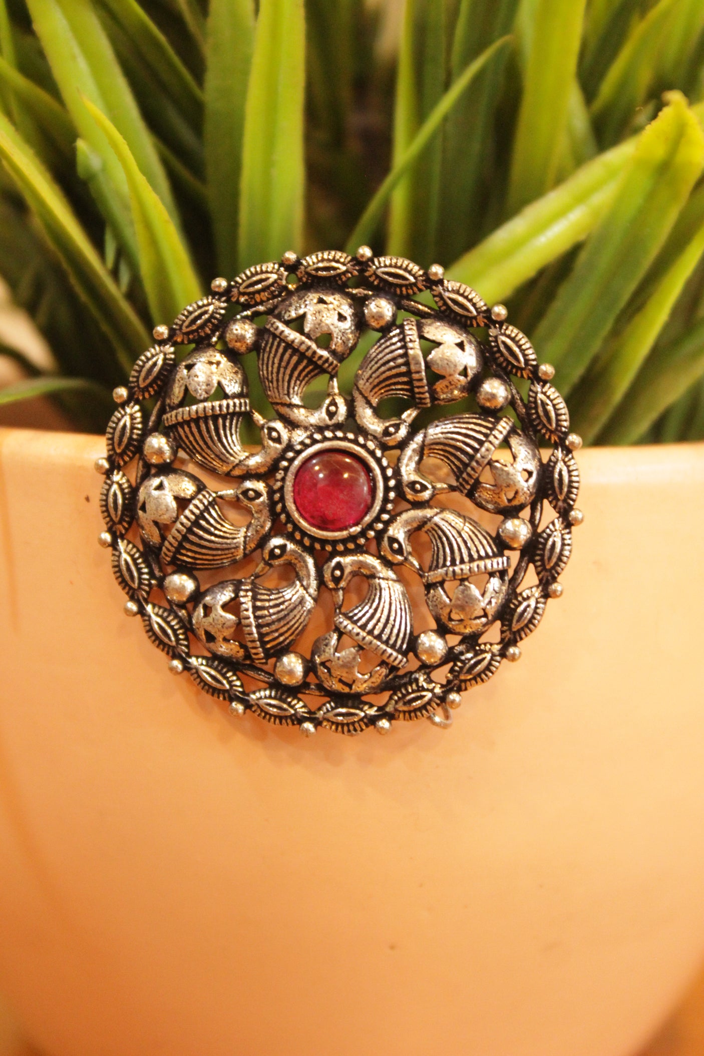 Peacock Motifs Oxidised Finish Circular Stud Earrings