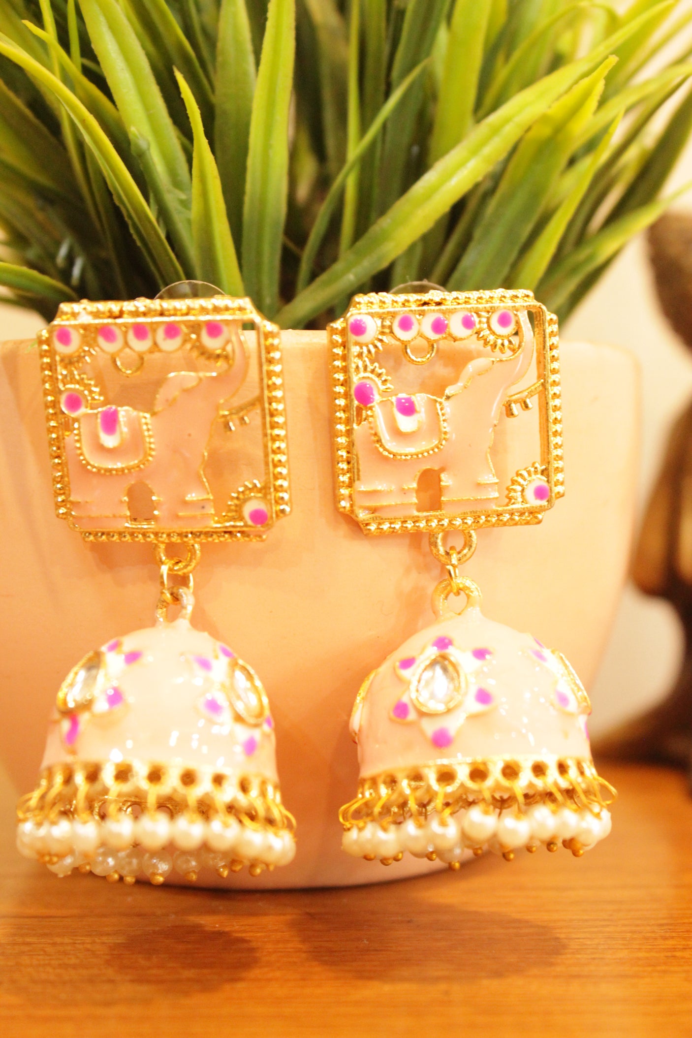 Peach Enamel Painted Elephant Motif Jhumka Earrings