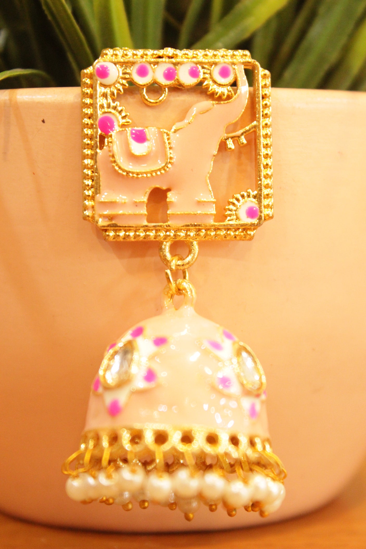 Peach Enamel Painted Elephant Motif Jhumka Earrings