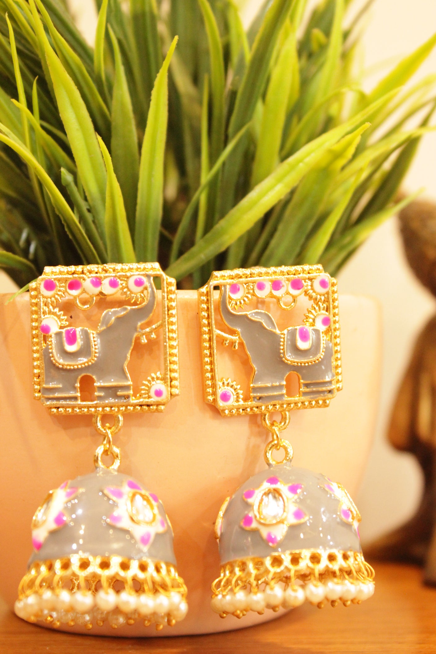 Grey Enamel Painted Elephant Motif Jhumka Earrings